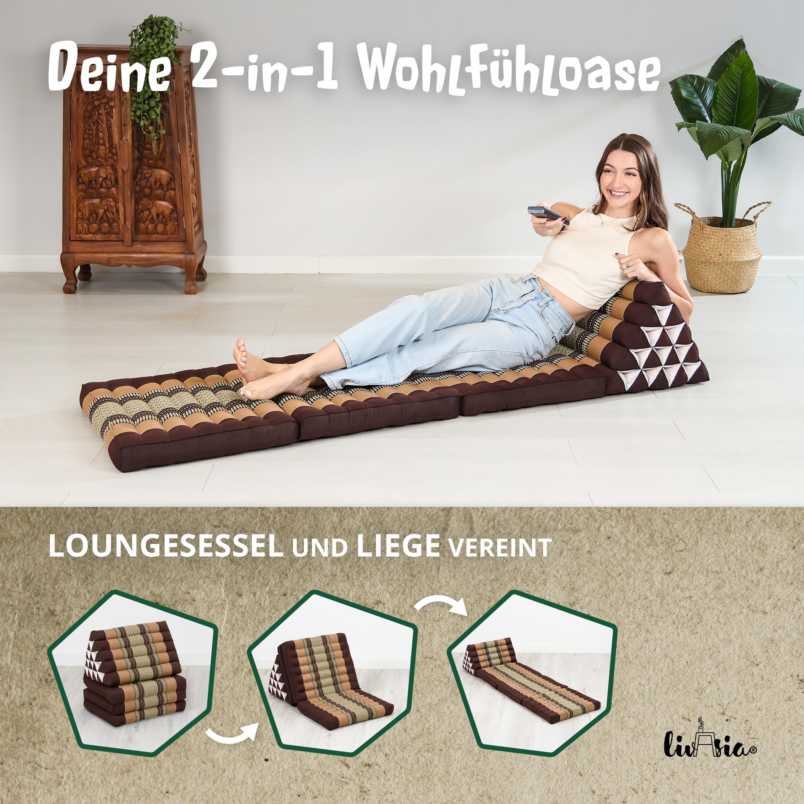 livasia Thaikissen 3 Auflagen extrahoch - 185x55x8cm - Dreieckskissen mit Klappmatratze, Kapok, Jumbo Rückenkissen faltbar, Thaimatte Klappen, handgefertigt, Meditationskissen (Braun)