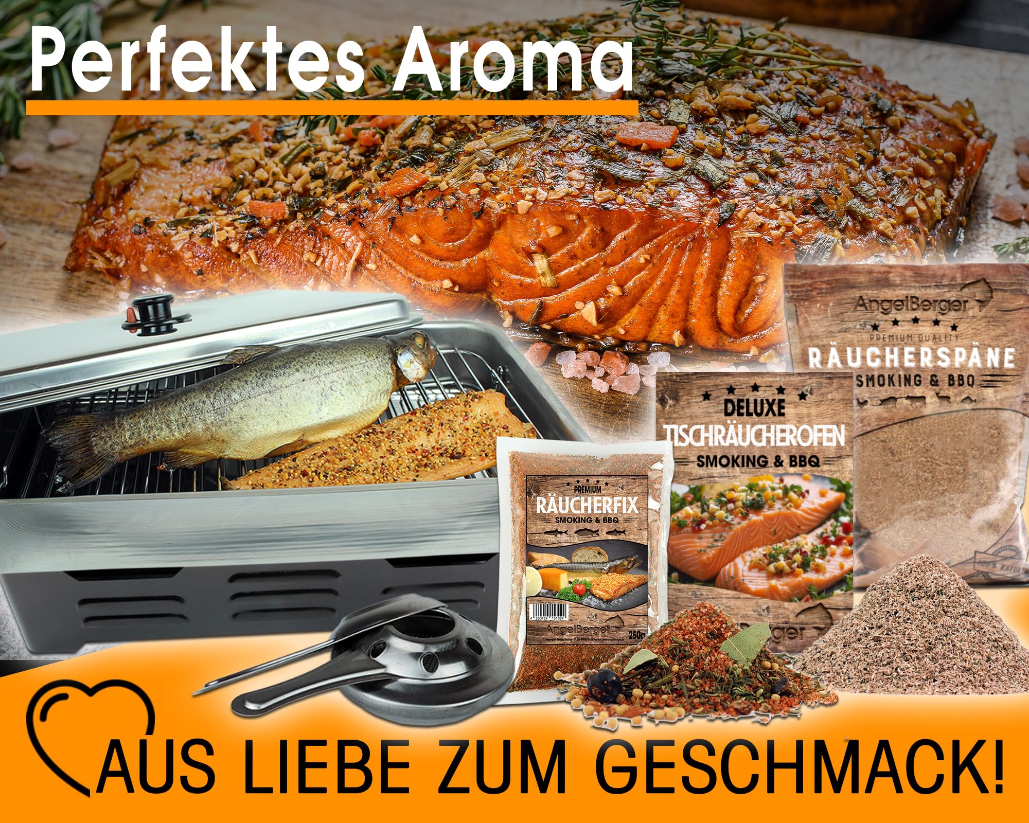 Angel-Berger Deluxe Tischraeucherofen mit Zubehoer Edelstahl Smoker Räucherofen mit Räuchermehl Räucherlauge Räucheranleitung Räucherset