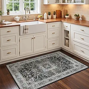 Madane Washable Area Rug 2x3, Small Entryway Rug Non-Slip Vintage Door Mat Indoor Entrance, Low Pile Floor Carpet for Inside Front Door Kitchen Entry (2'x3', Grey Green/Black Olive)