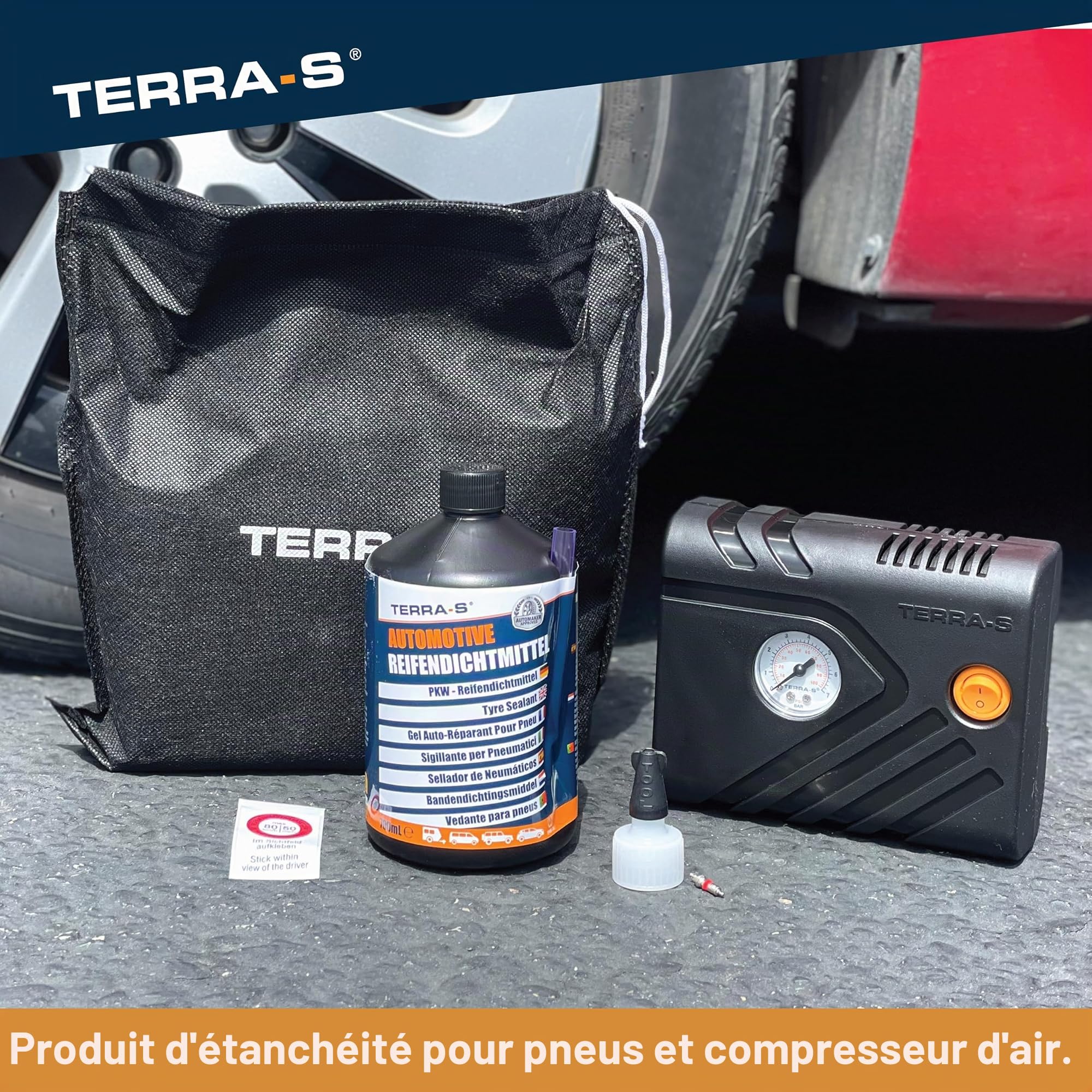 TERRA-S T56001 Kit de réparation d'urgence pour crevaison avec Mastic et Pompe à Pneu pour Voiture et Autres véhicules Automobiles 15 Minutes