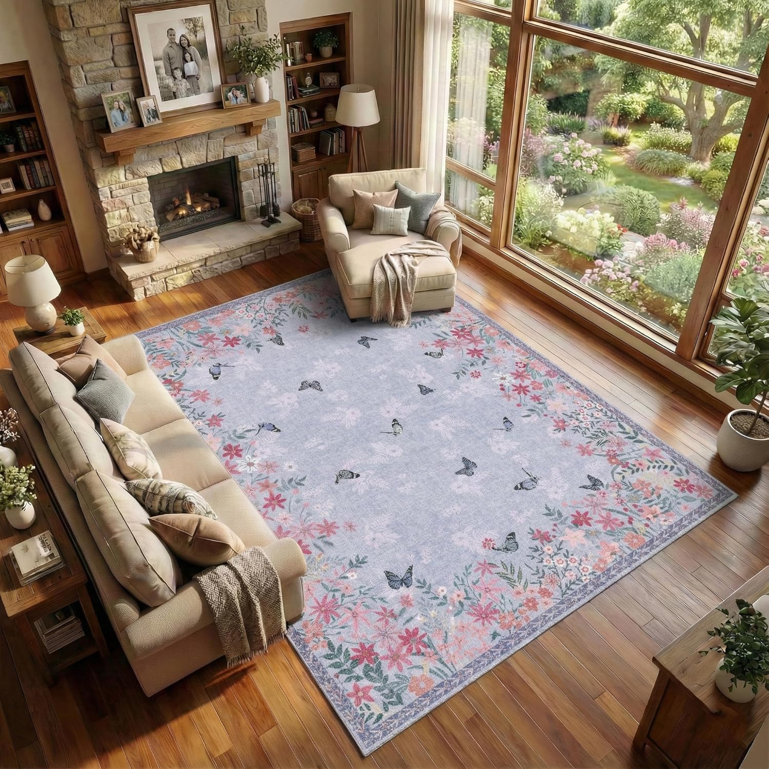 6x9 Purple Floral Rug for Living Room, Machine Washable Area Rugs with Non Slip Backing for Girls Bedroom, Cute Flowers Carpet Kitchen Dining Room Kids Playroom Decor