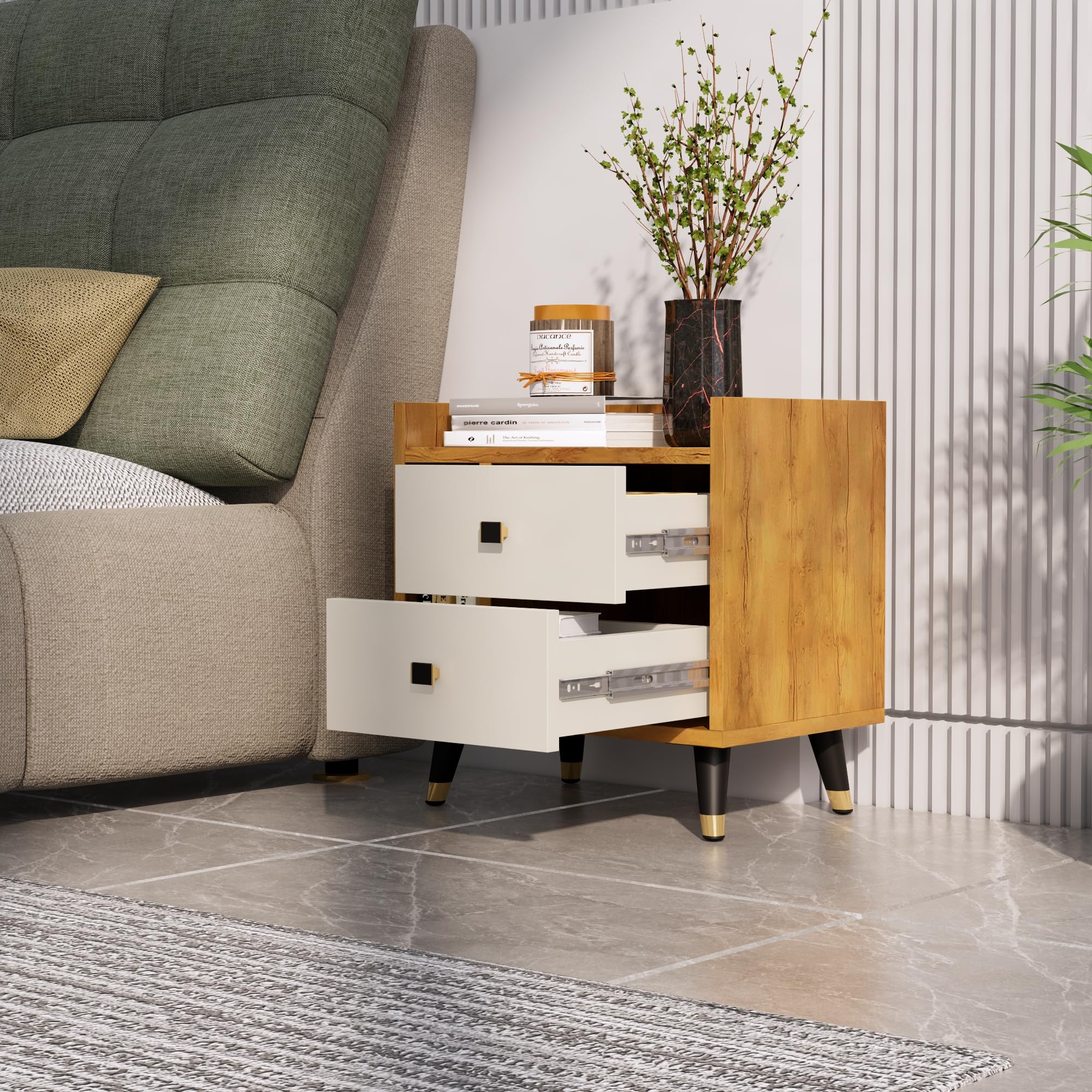 Bniture Bed Side Table for Bedroom with 2-Drawer, Small Side Table Bedside Furniture, Nightstand, End Table with Metal Legs for Bedroom SSS (Giant Wood & Frosty White)-image-30