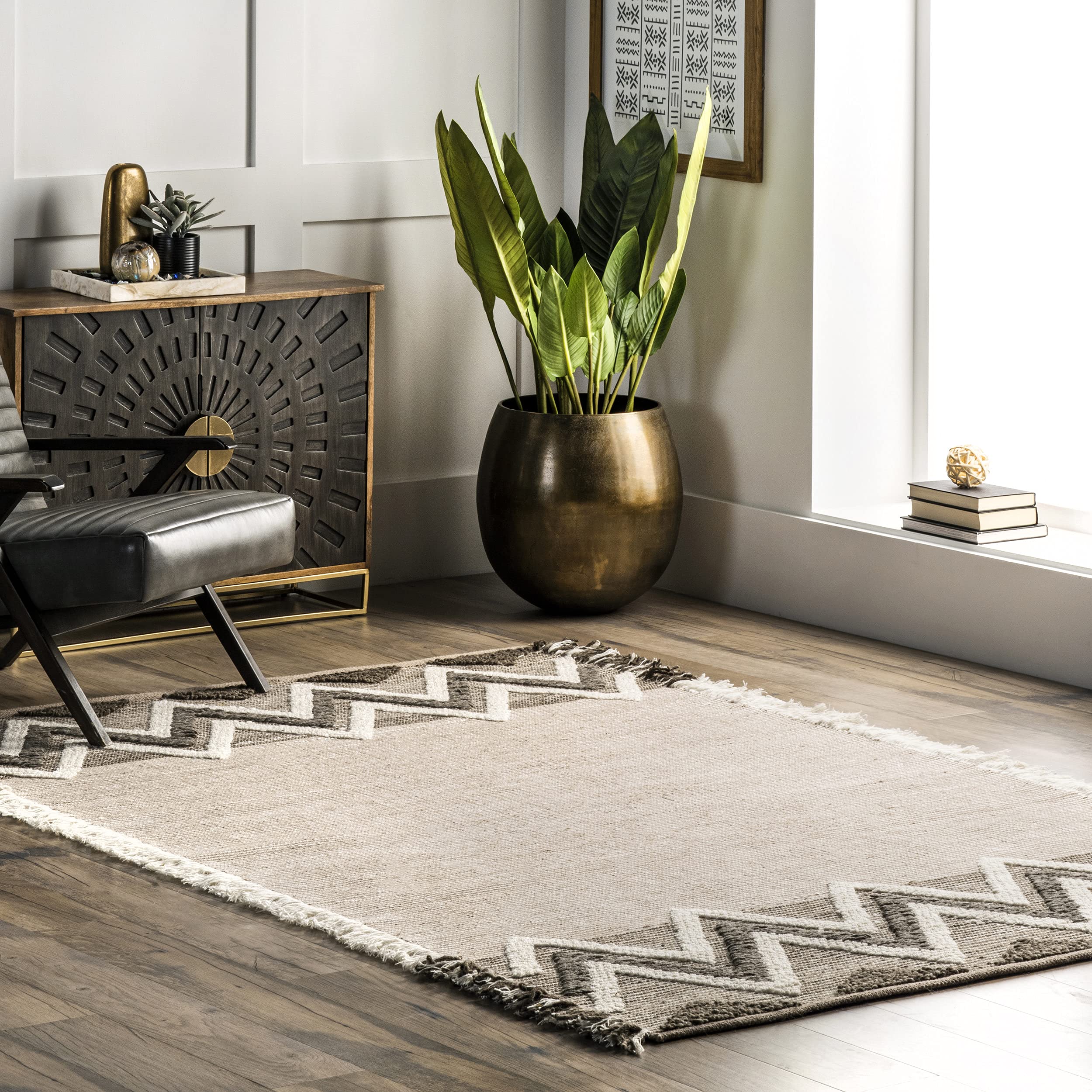 nuLOOM Dylan Textured Wool Modern Shaggy Fringe Area Rug, 5' x 8', Beige