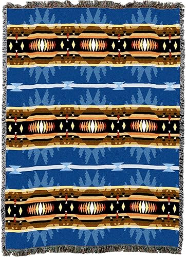 Miniatura 4 de Pure Country Weavers Cimarron - Manta azul inspirada en los nativos americanos del suroeste - Tapiz de regalo tejido de algodón - Fabricado en los