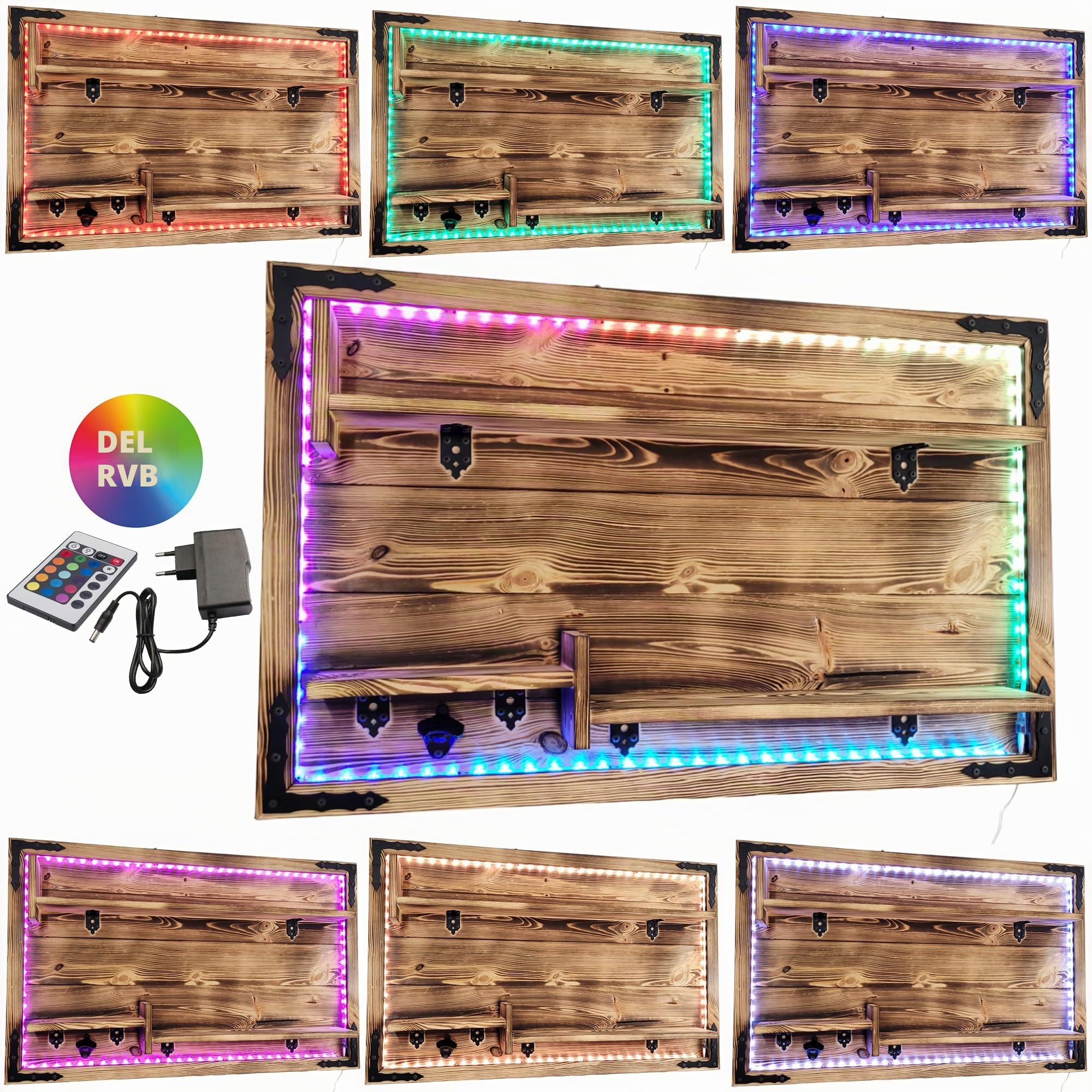 WEECO Étagère Murale en Bois avec Éclairage LED RGB - Meuble de Bar Rustique pour Bouteilles et Verres - Présentoir à Alcools avec 3 Étagères 112x72cm Bois brûlé