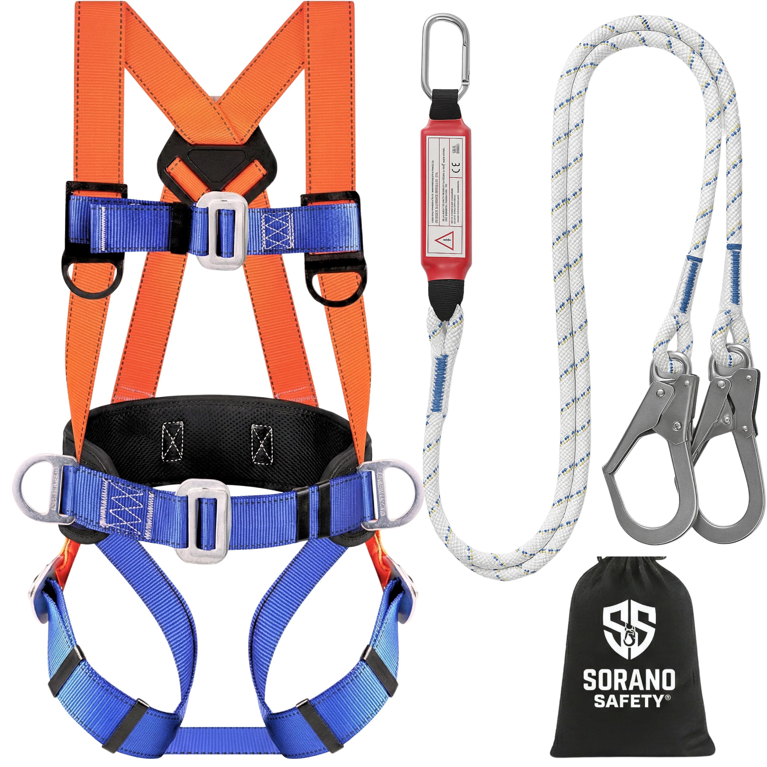 Full Body Fall Arrest Safety Harness Kit with Shock Absorbing Lanyard. ANSI