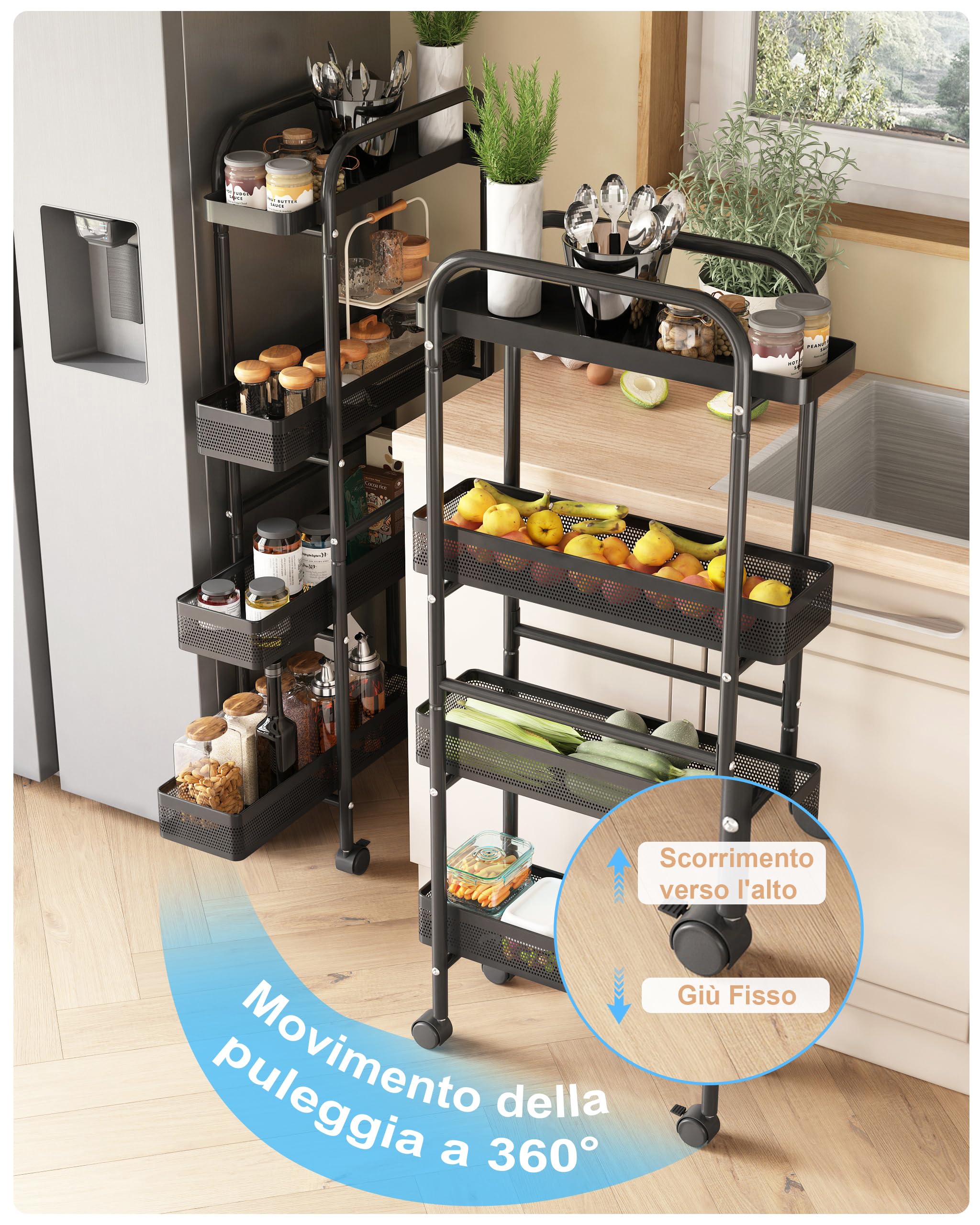 UMDONX Carrello Cucina con Ruote Stretto con Cassetti Estraibili,Nero | Carrello Cucina Salvaspazio Portaoggetti a 4 Livelli in Metallo,Carrello di Servizio Sottile con Ruote per Cucina Bagno