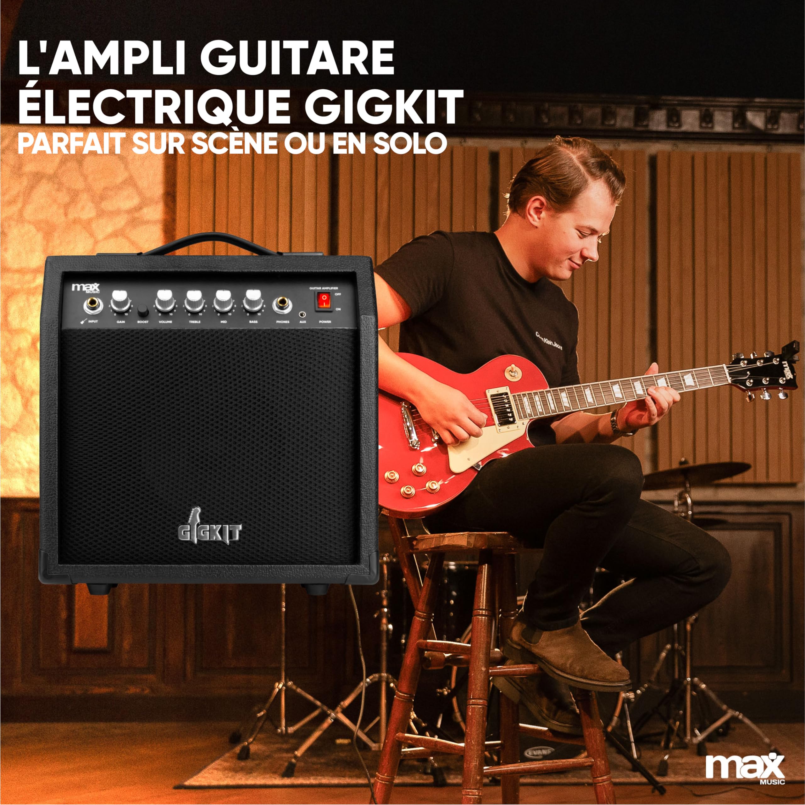 MAX GIGKit Amplificateur 40 Watts pour Guitares Électriques - Tonalité Réglable, Poignée de Transport, Sortie Casque, Entrée AUX, Idéal pour Jouer de la Guitare à la Maison et Petits Concerts