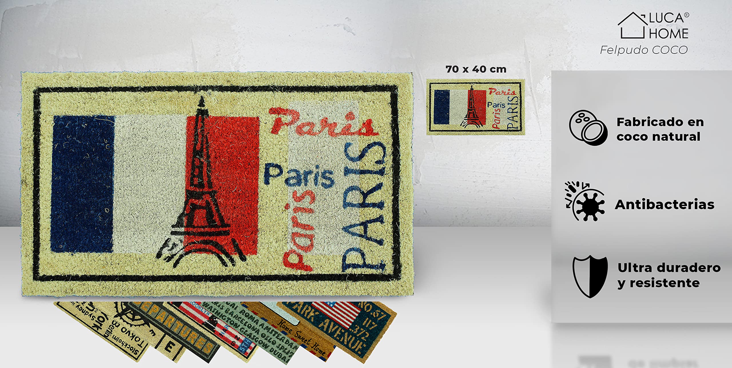Zerbino In Cocco Naturale 70x40 Cm 'Paris' - Antiscivolo, Assorbente, Antibatterico - LucaHome