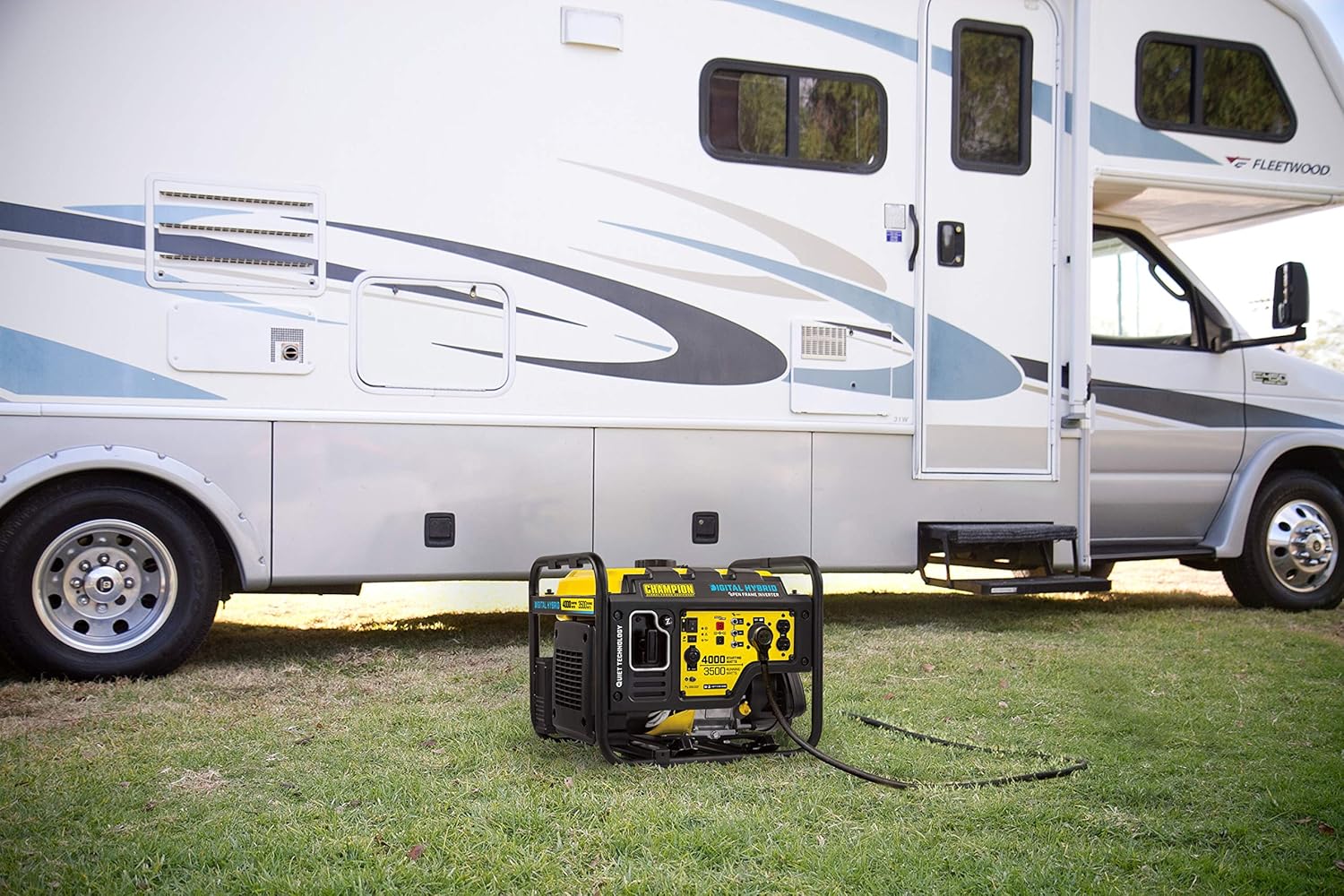 Champion generator connected to an RV in a grassy area.