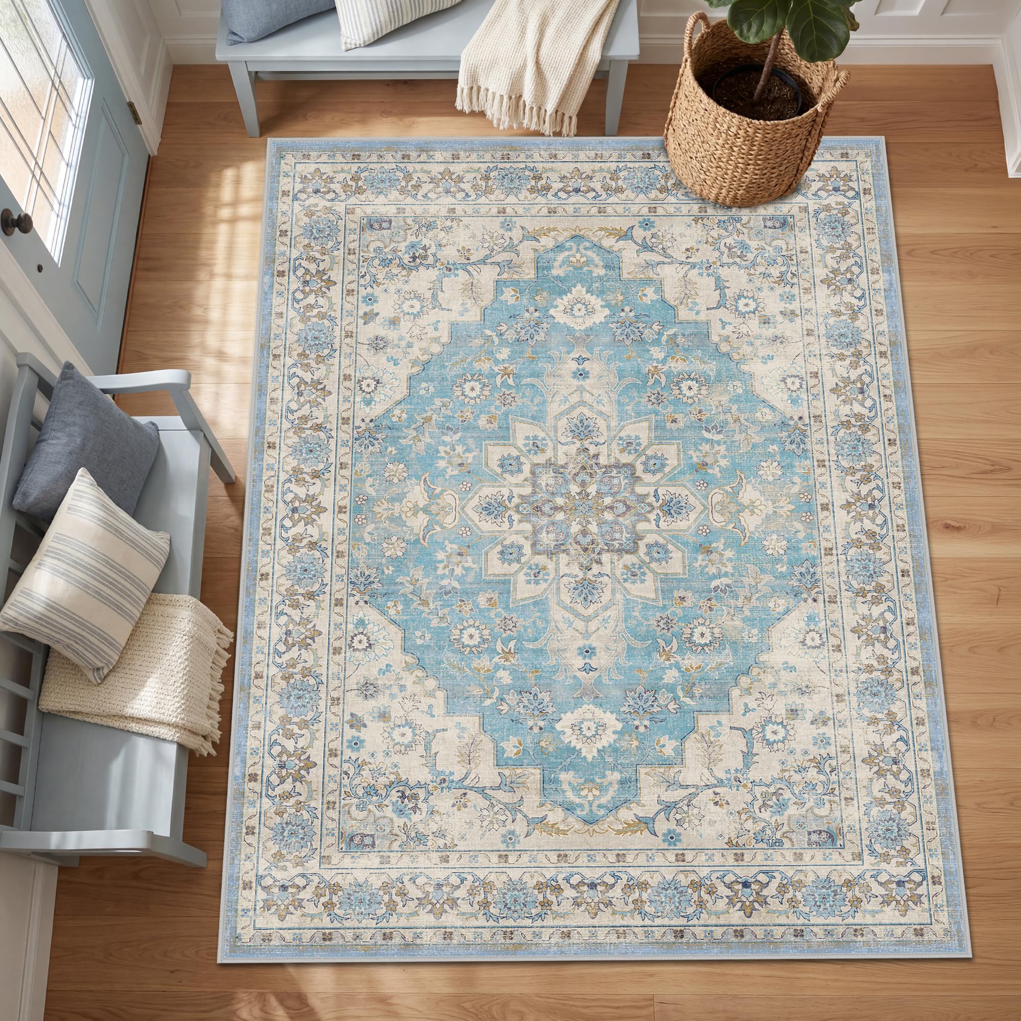 Autsel Vintage Teppich Wohnzimmer, Waschbarer Teppich Schlafzimmer, Boho Teppich Kurzflor, rutschfest Läufer Teppiche, Pflegeleicht Teppich Gegend für küche, Büro, Esszimmer, Flur