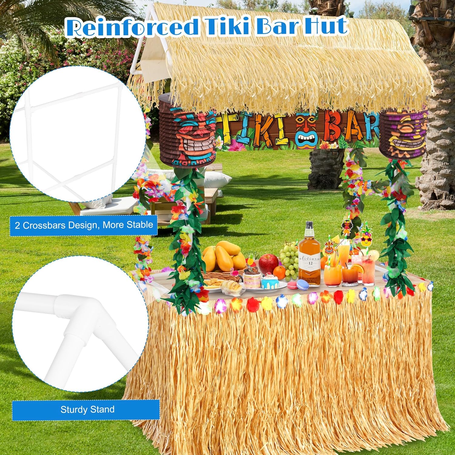 115 Pieces Hawaii Tiki Bar Kit Include 53 x 21.7 x 55 Inch Large Hawaiian Bar Hut Table Skirt Straw Roof Garland Banner Tropical Palm Leaves Lantern for Luau Summer Hawaiian Aloha Theme Party