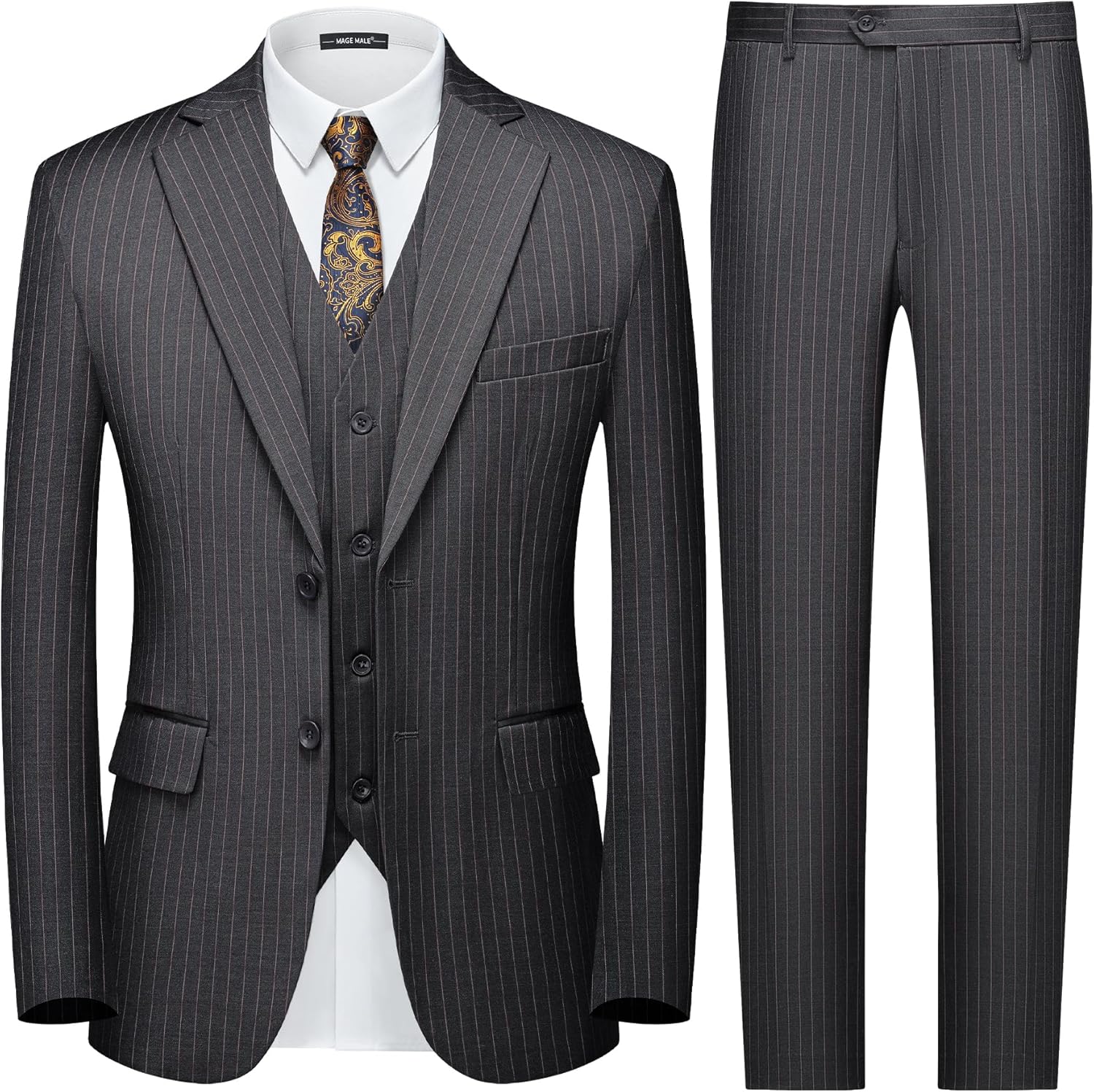 MAGE MALE Men’s Pinstripe 3 Piece Suit Slim Fit Elegant Single Breasted Business Wedding Party Blazer Vest& Pants Set