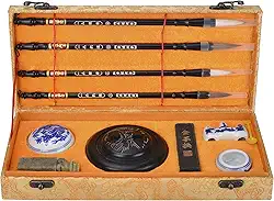 I-MART Conjunto de caligrafia chinesa para iniciantes com 4 pincéis, pedra de tinta, bastão de tinta, pasta de tinta vermelha, selo, tigela de água de porcelana, suporte de pincel, kits de caligrafia