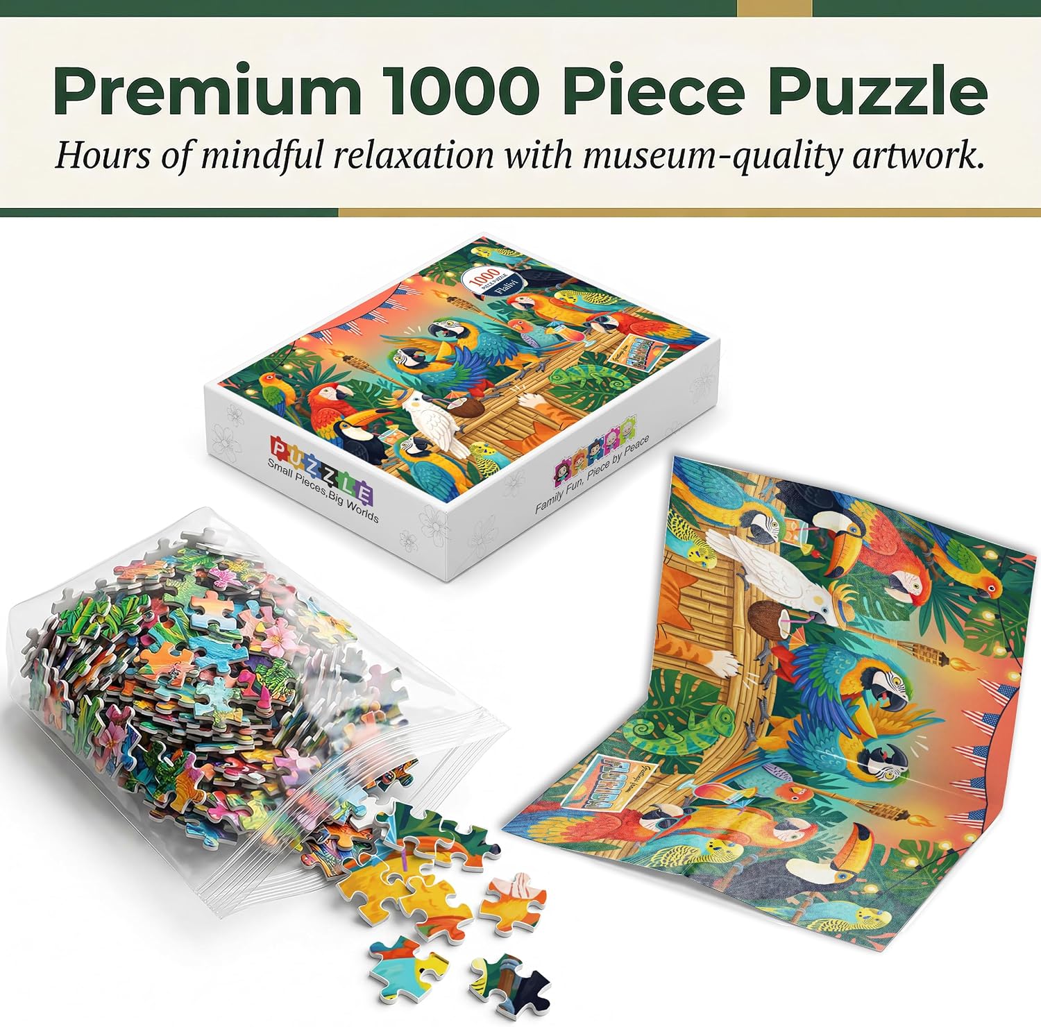 Tropical Parrot Party Jigsaw Puzzle for Adults 1000 Pieces, Colorful Exotic Birds Tiki Bar Illustration, Perfect Interlocking, Ideal Gift for Bird Lovers and Puzzle Enthusiasts