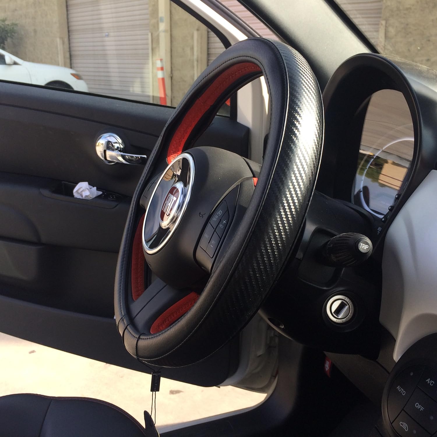 Black PVC Leather Carbon Fiber Style Steering Wheel Cover 14.75" Diameter 4" Grip Circumference 51211