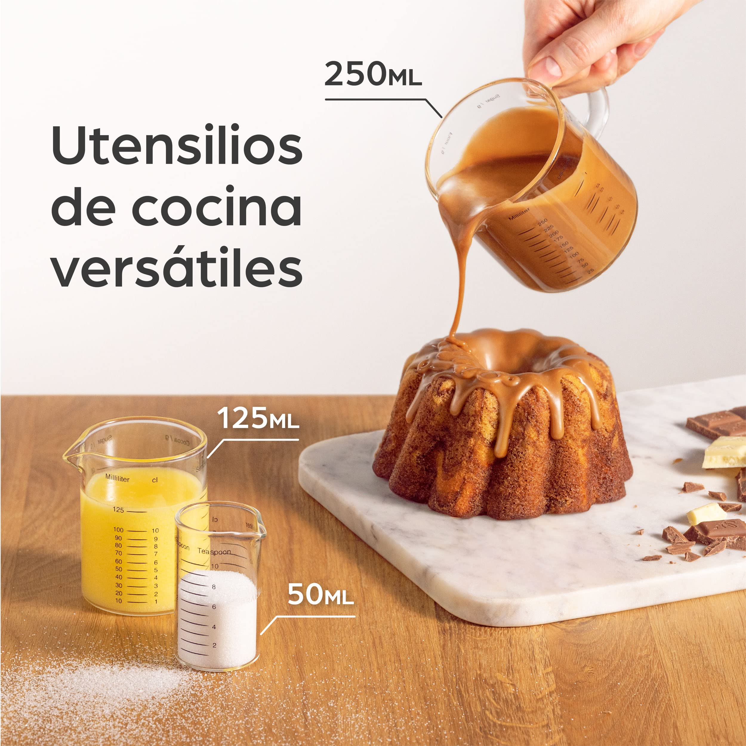 Jarra Medidora de Cristal - 50ml, 125ml, 250ml - Escala Precisa - Apilable - Resistente al Calor y al Microondas
