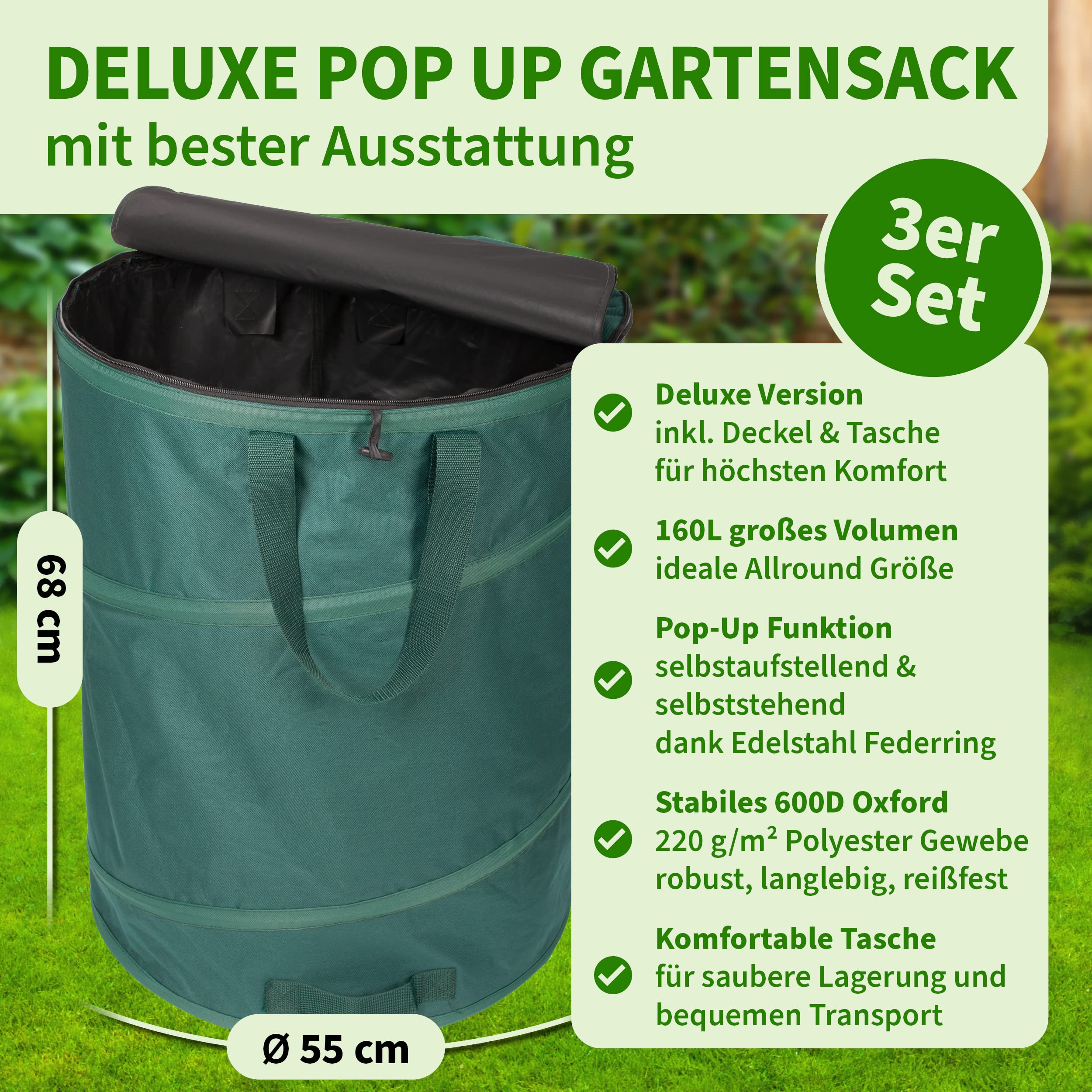 TTL GARDEN 3x 160L Pop Up Gartensack Deluxe mit Deckel - 220gsm 600D Oxford 3er Set 160 Liter Gartenabfallsack faltbar extra stabil - Laubsack Sack & Behälter für Grünschnitt Garten Abfall