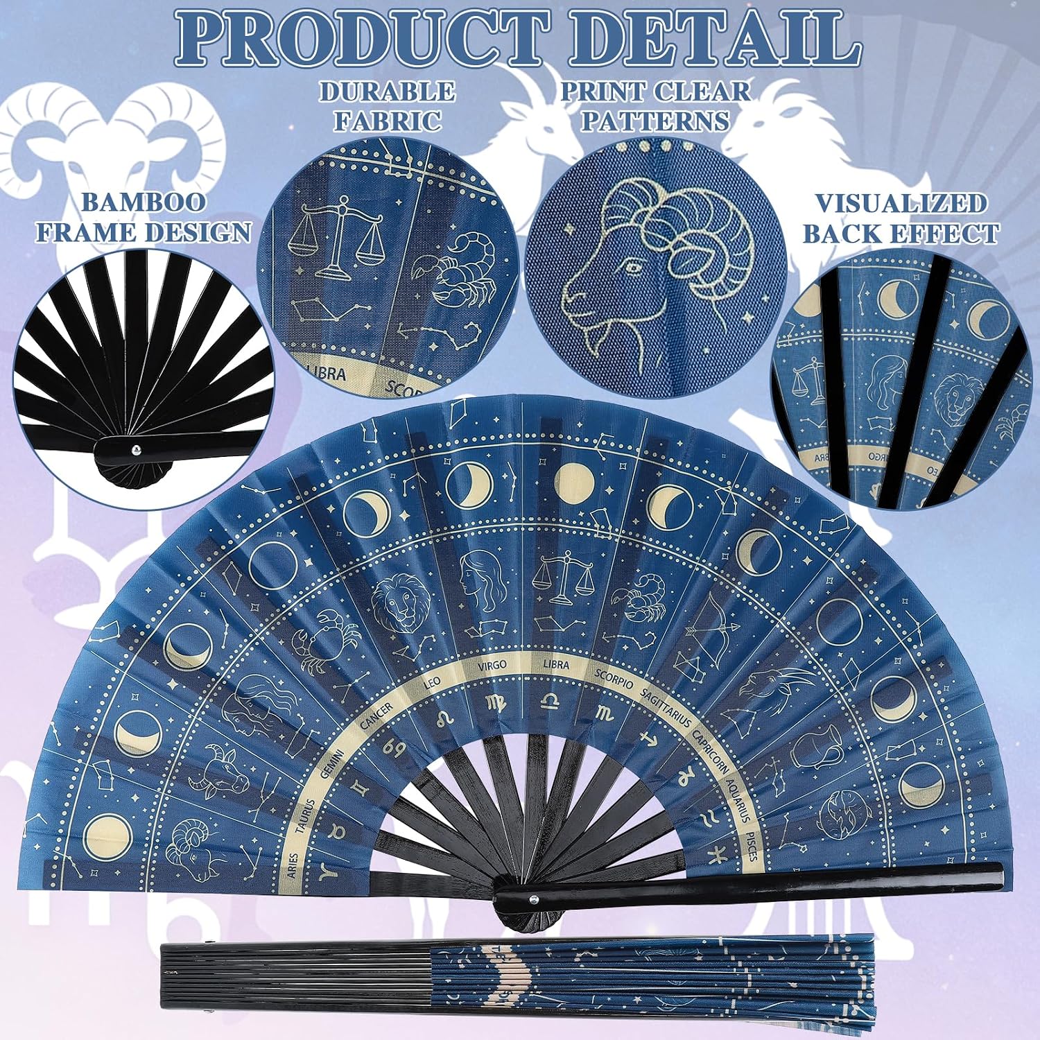 JATEBI 3Pcs Large Rave Folding Clack Hand Fan, Cosmic Zodiac Signs