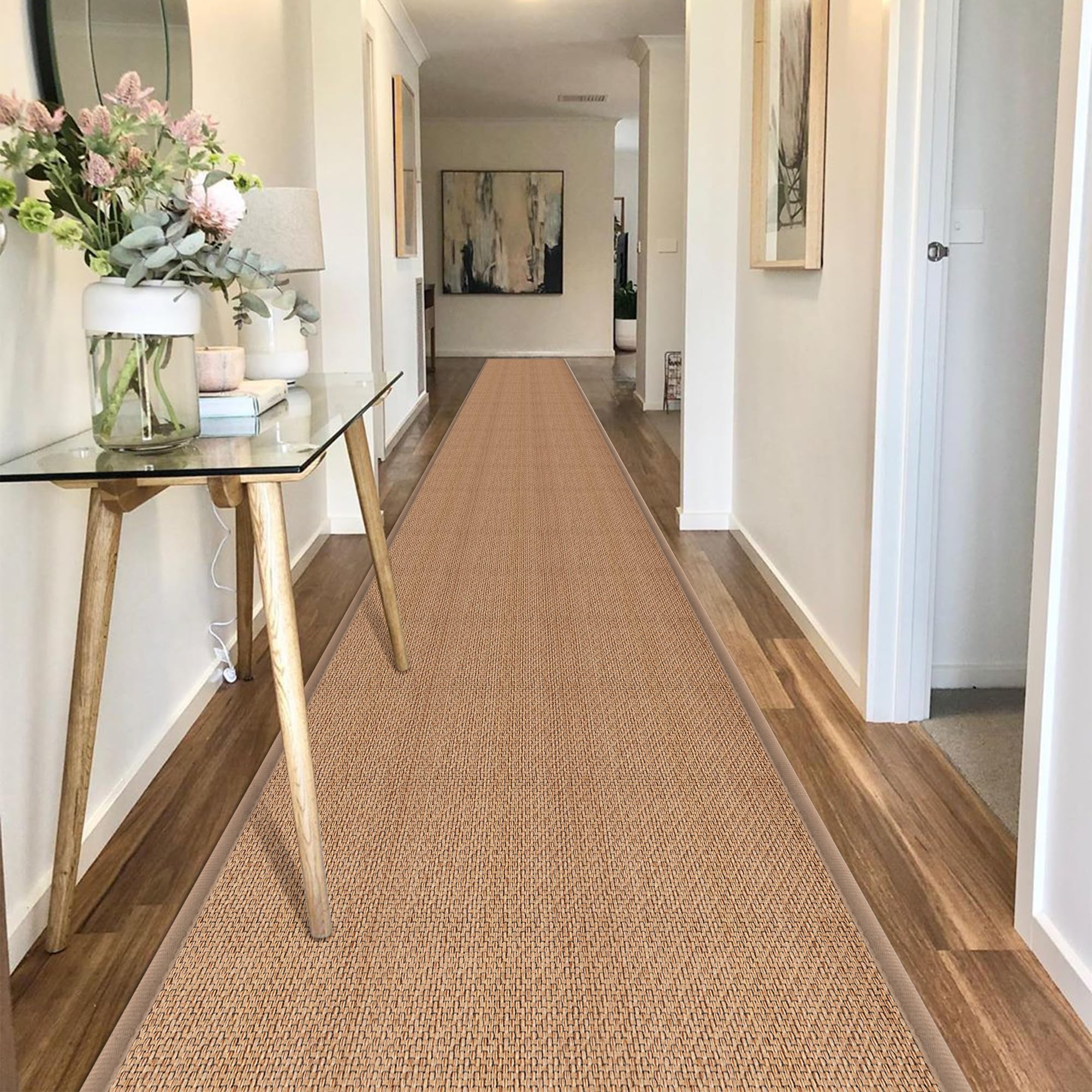 20ft Natural Jute Hallway Runner Rug Non Slip Washable, Rubber Backed Long Khaki Indoor Entryway Runner, Absorbent Kitchen Carpet Sink Rug