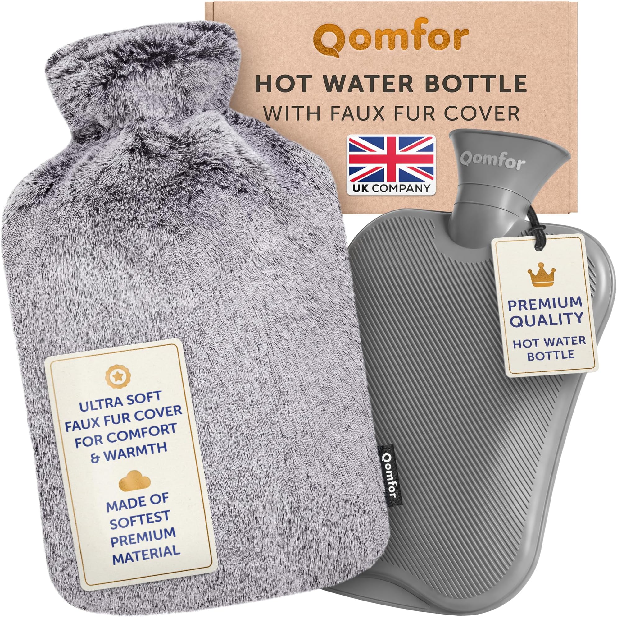 Hot Water Bottle with Soft Fluffy Cover, Light Grey, 2 L