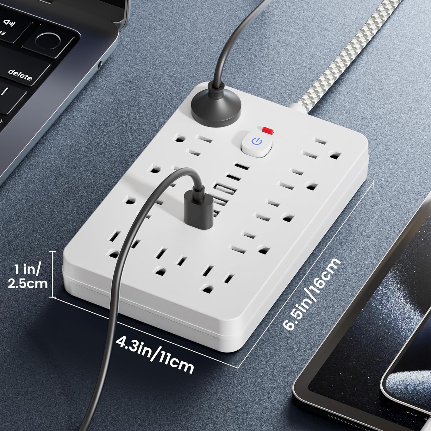 Braided Surge Protector Power Strip 10 Ft Flat Extension Cord, 11AC Outlets, 4 USB and 2 USB C Ports, Chiefway Outlet Extender, Portable for Home Office Dorm Travel