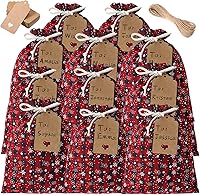 Vista 13 de Shappy 24 bolsas de Navidad con cordón, bolsas de arpillera a cuadros de Navidad, bolsas de lino con cuerda de 32.8 pies, 24 tarjetas