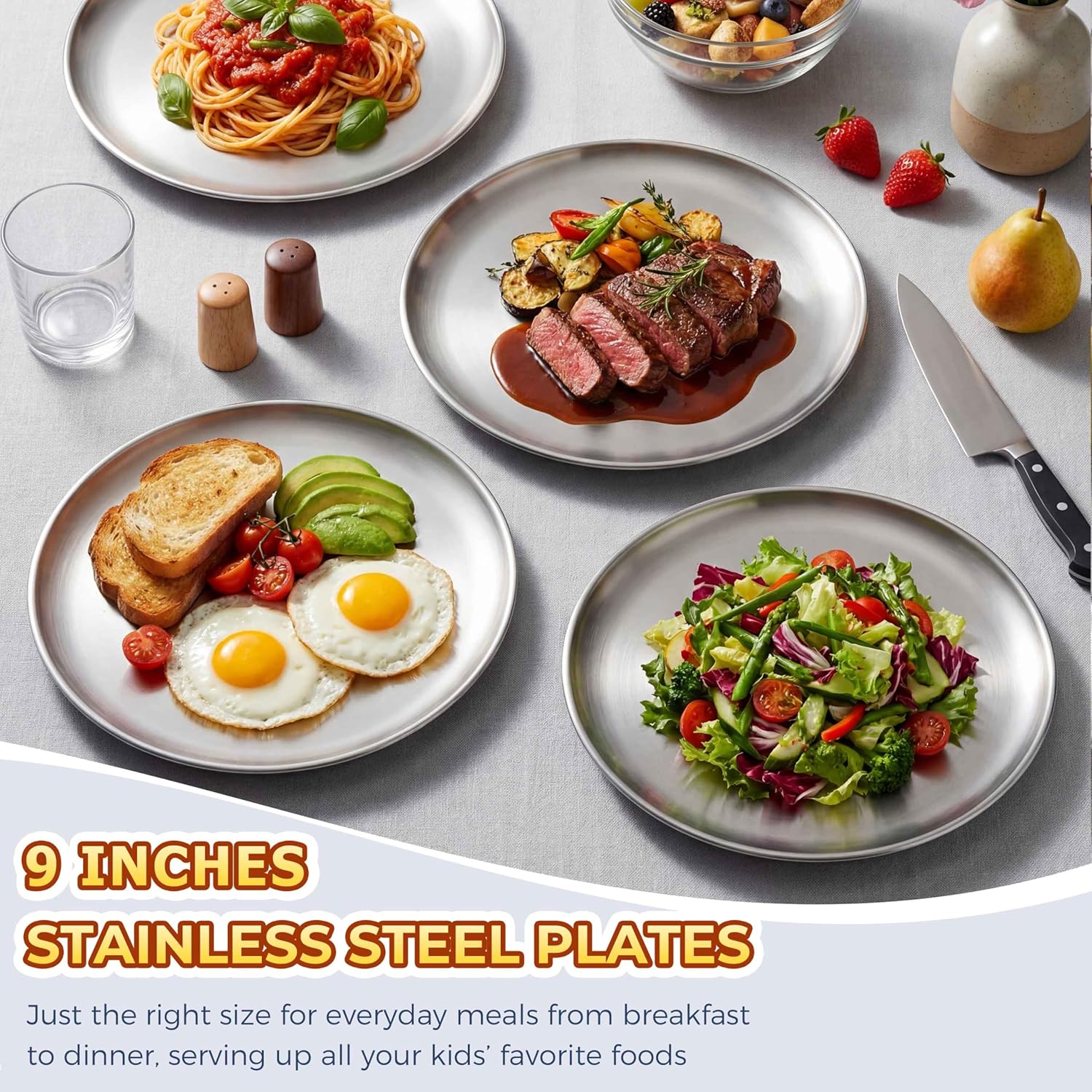 Homikit 6 Pack Stainless Steel Plates, Metal Kids Toddler Dinner Plate Set Non Toxic, 9 Inch Round Camping Plates for Serving Dishes Dessert Salad, Unbreakable & Reusable, Dishwasher Safe