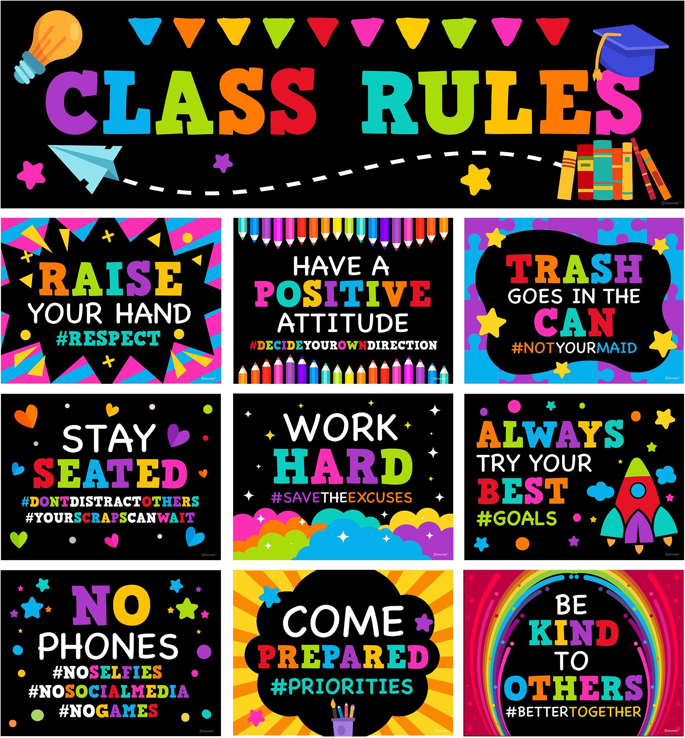 Decorably Class Rules Banner and Posters for Classroom, 10 Classroom Rules Poster Middle School, Class Rules Poster for Classroom, Rules for Classroom Rules Poster Elementary School
