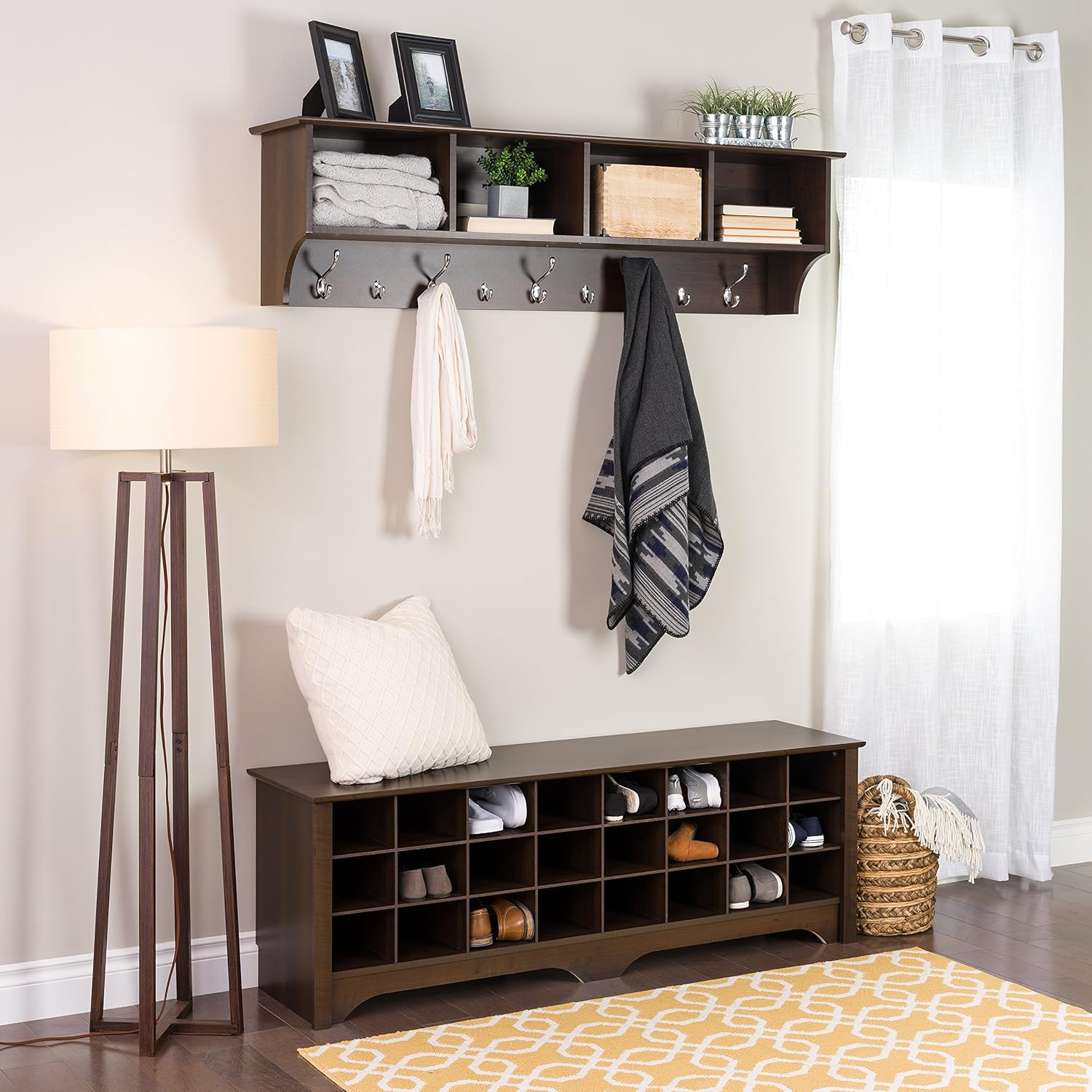 Prepac 60" Contemporary Wall Mounted Coat Rack, Coat Hooks Wall Mount with 4 Shelves, Ideal for Hallway or Entryway Storage Solution, 11.5"D x 60"W x 16.5"H, Espresso