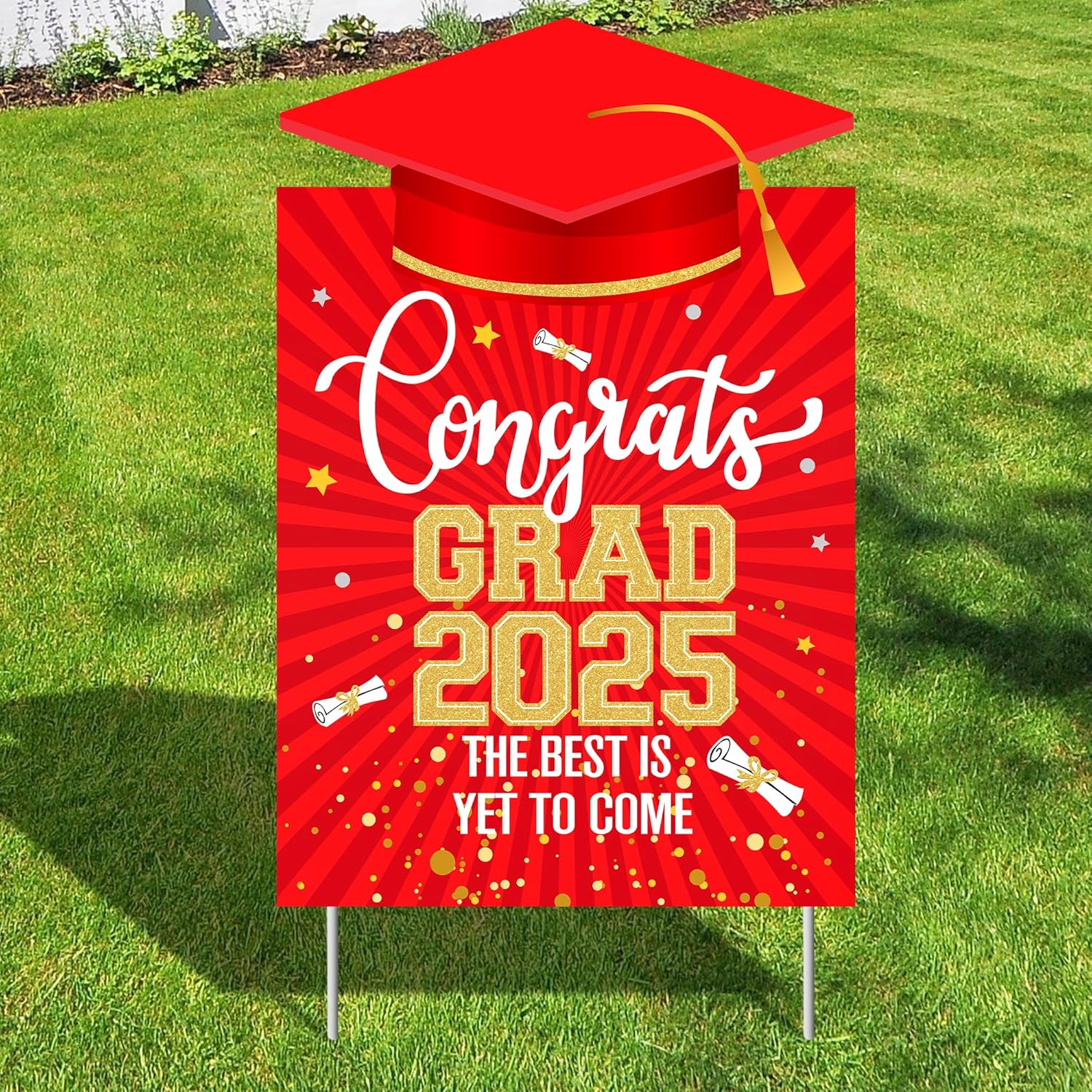 KatchOn, Congrats Grad Yard Sign - 16x10 Inches | Red and Gold Class of 2025 Congrats Yard Sign | Graduation Party Decoration | Congrats Grad Lawn Signs for Graduation Decorations 2025