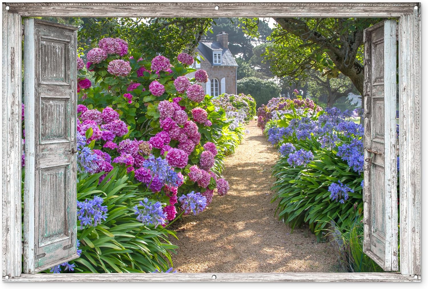 MuchoWow Garden Poster Large 180 x 120 cm XXL Outdoor Pictures Garden Decoration for Outdoor Weatherproof Garden Decoration Patio Decoration Banner Outdoor Picture Decoration Window View Hydrangea Flowers