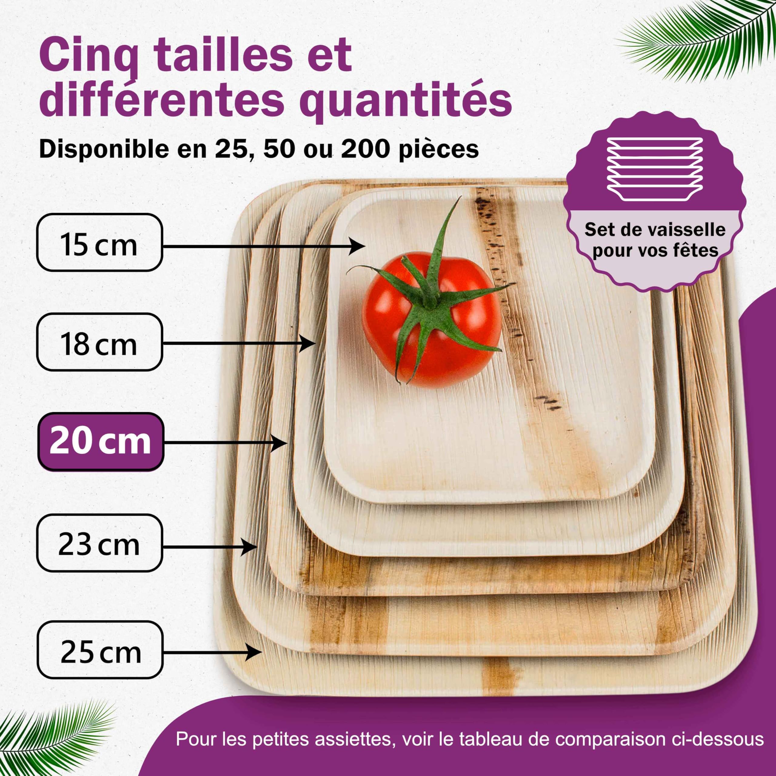 Set d'Assiettes Jetables en Feuille de Palmier - 25 pcs. Carrées 20x20 cm et 25 pcs. 25x25 cm