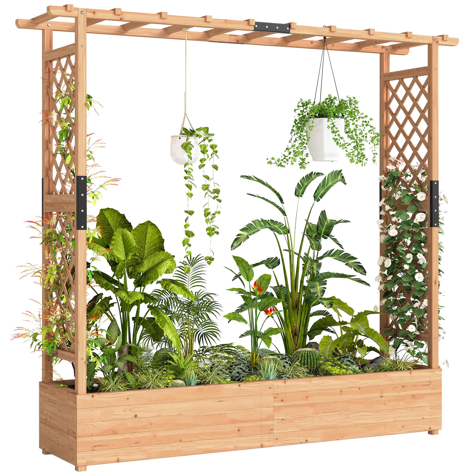 Outsunny Garden Planter with Trellis, Wooden Raised Bed for Garden with Hanging Roof and Drainage Holes, Outdoor Trellis Planter Box for Vegetables, Herbs and Flowers, 196 x 44 x 181 cm, Natural