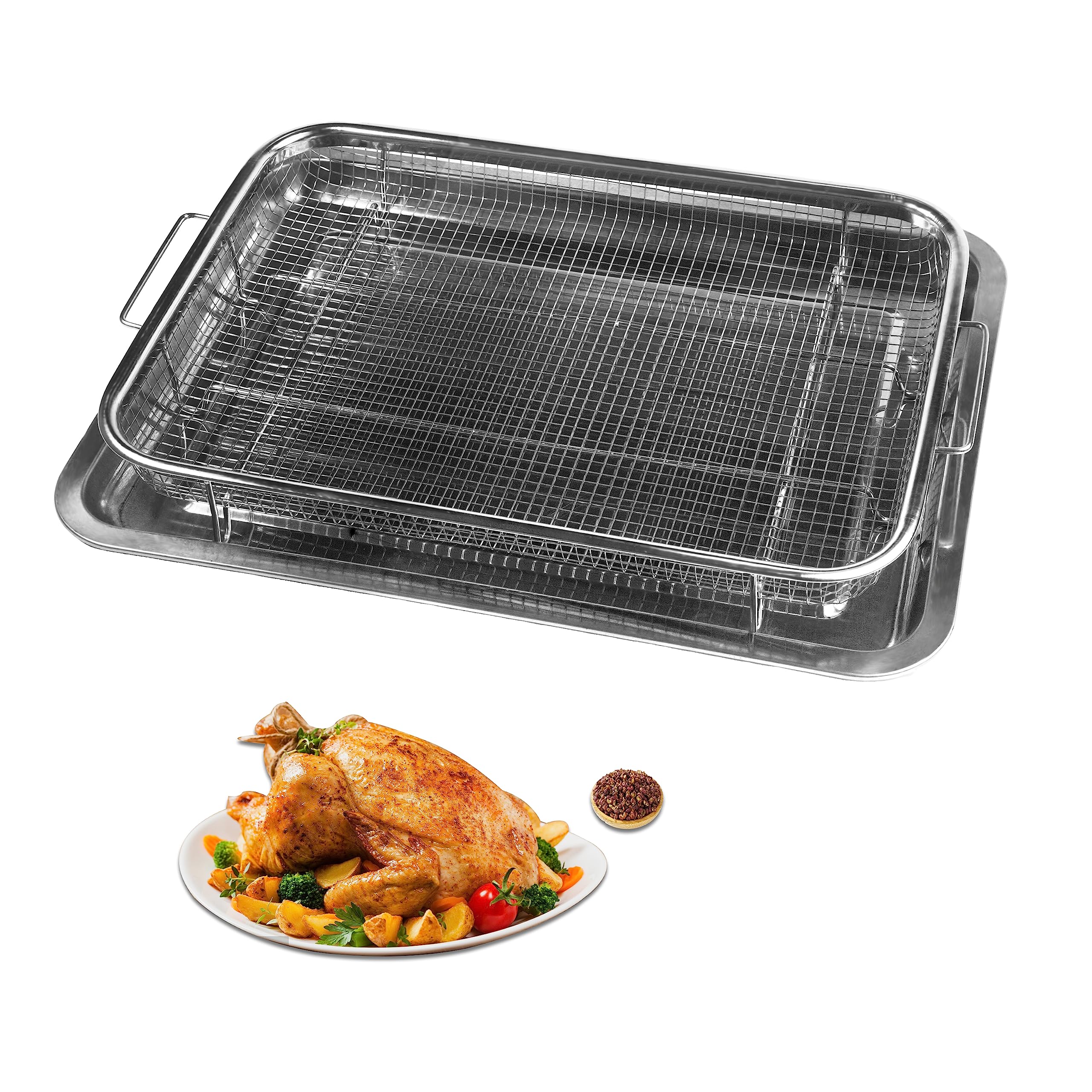 Zeumzwf 2 Set Air Fryer Basket for Oven,15.5'' x 11.6'' Stainless Steel Large Capacity Tray,Baking Pan Air Fryer Tray Barbecue Basket For Fried Chicken, French Fries and Bacon