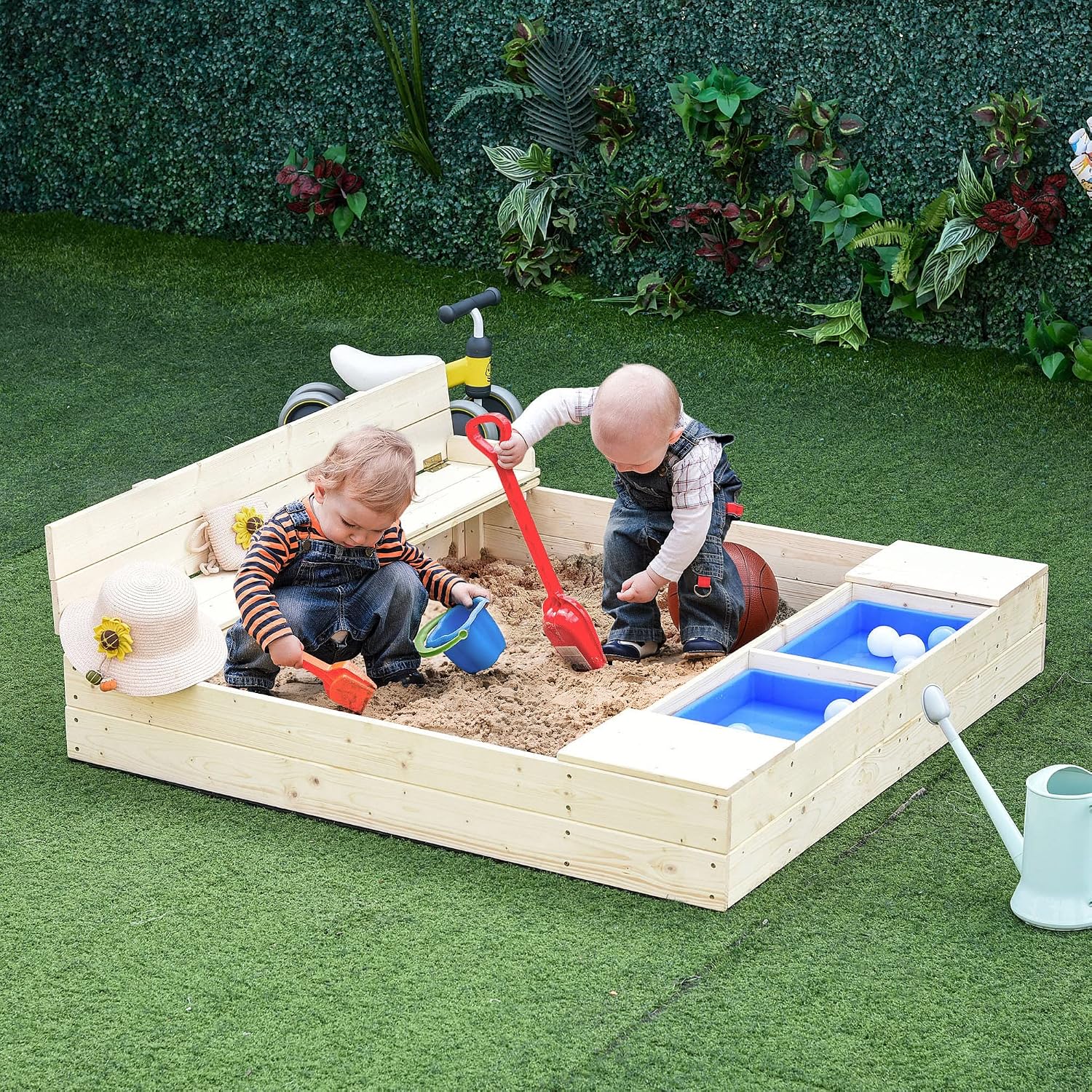 Kids Wooden Sandbox with Foldable Bench and Waterproof Cover - Spacious Sandpit with Two Plastic Storage Boxes for Outdoor Fun