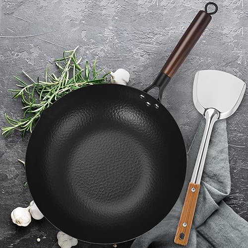 Miniatura 5 de Cookeriess Wok de acero al carbono martillado a mano tapa de madera espátula asiática con asa sartén para cocina china japonesa y cantonesa cocina