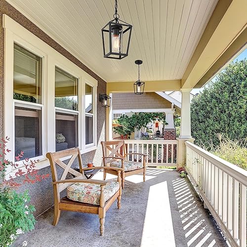 Miniatura 2 de Lámpara colgante al aire libre para porche, luz colgante negra con vidrio transparente, moderna jaula de metal de granja, cadena ajustable para