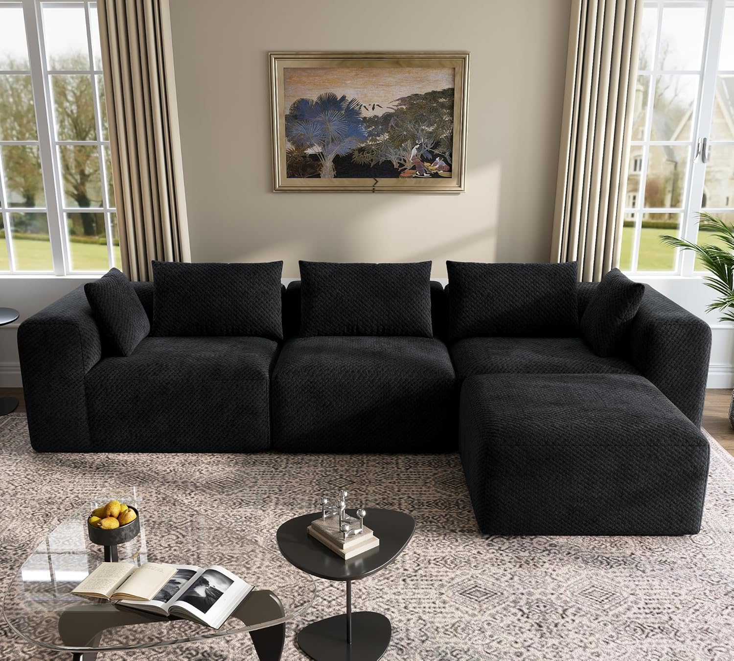 103'' Boneless Couch - Sectional Cloud Sofa for Living Room,L-Shaped Four-Seater Modular Couches,No Assembly Required, Suitable for Living Rooms and Bedrooms,Black