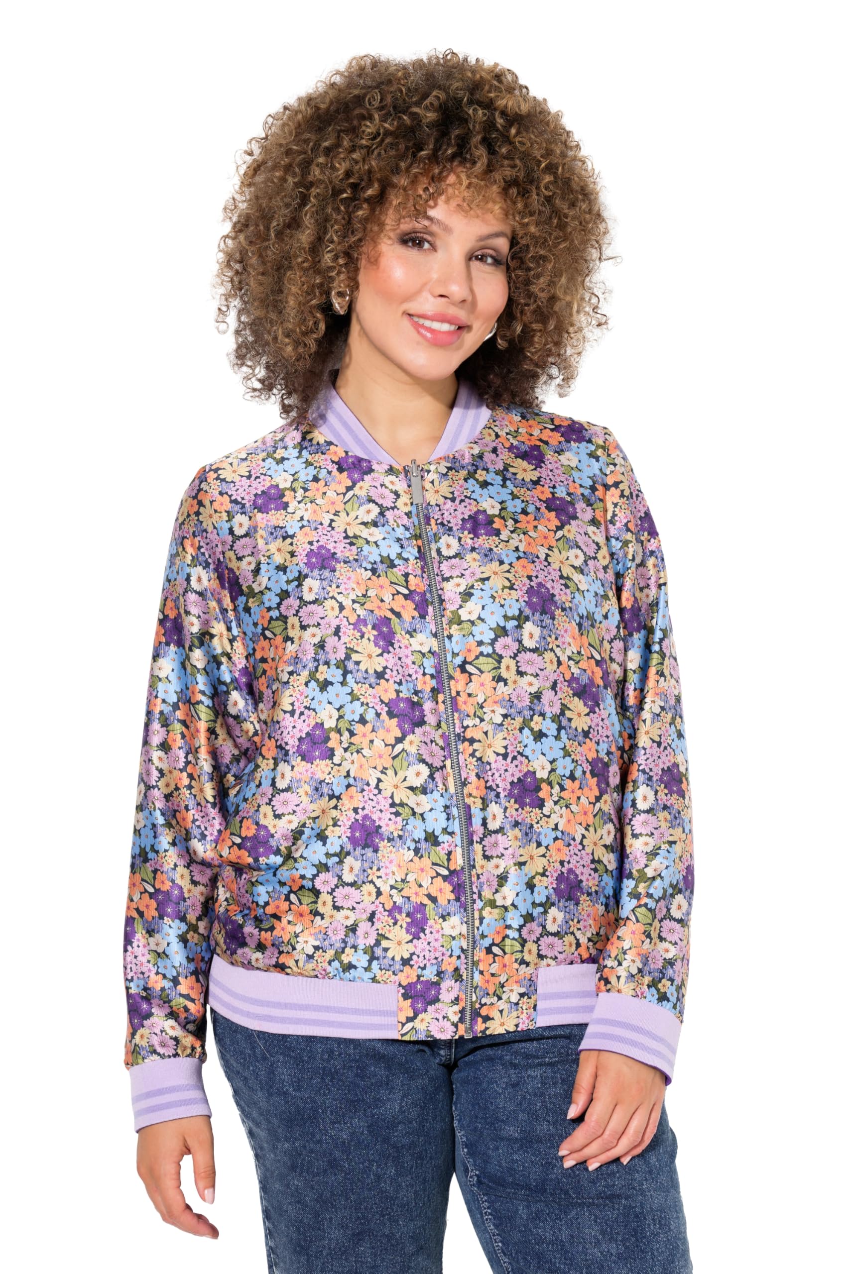 Ulla Popken Damen große Größen Übergrößen Plus Size Wendeblouson, Uni/Blüten, Collegekragen, Rippbündchen 835006