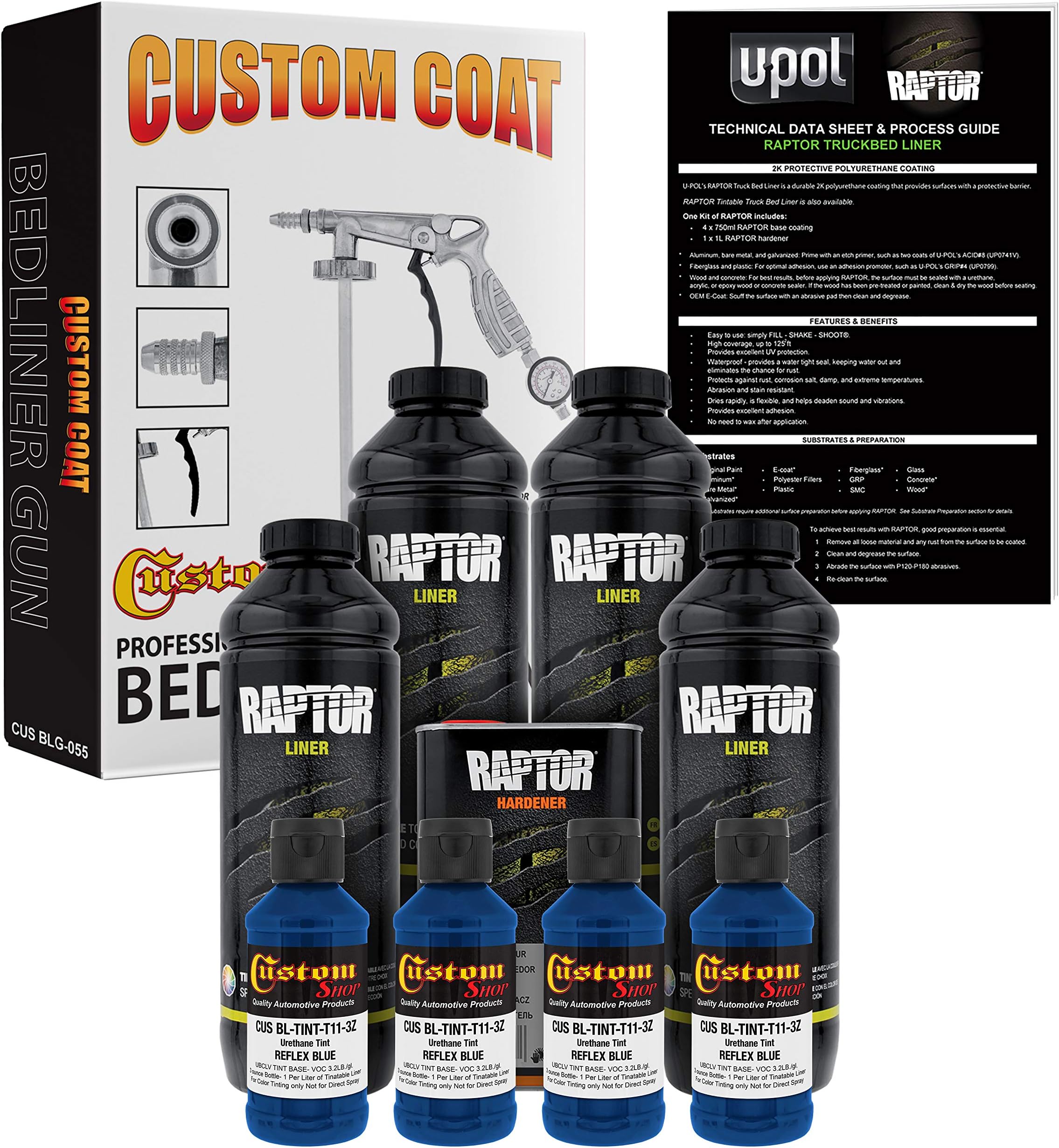 Reflex Blue Urethane Spray-On Truck Bed Liner Kit and Custom Coat Spray Gun with Regulator, 4 Liters