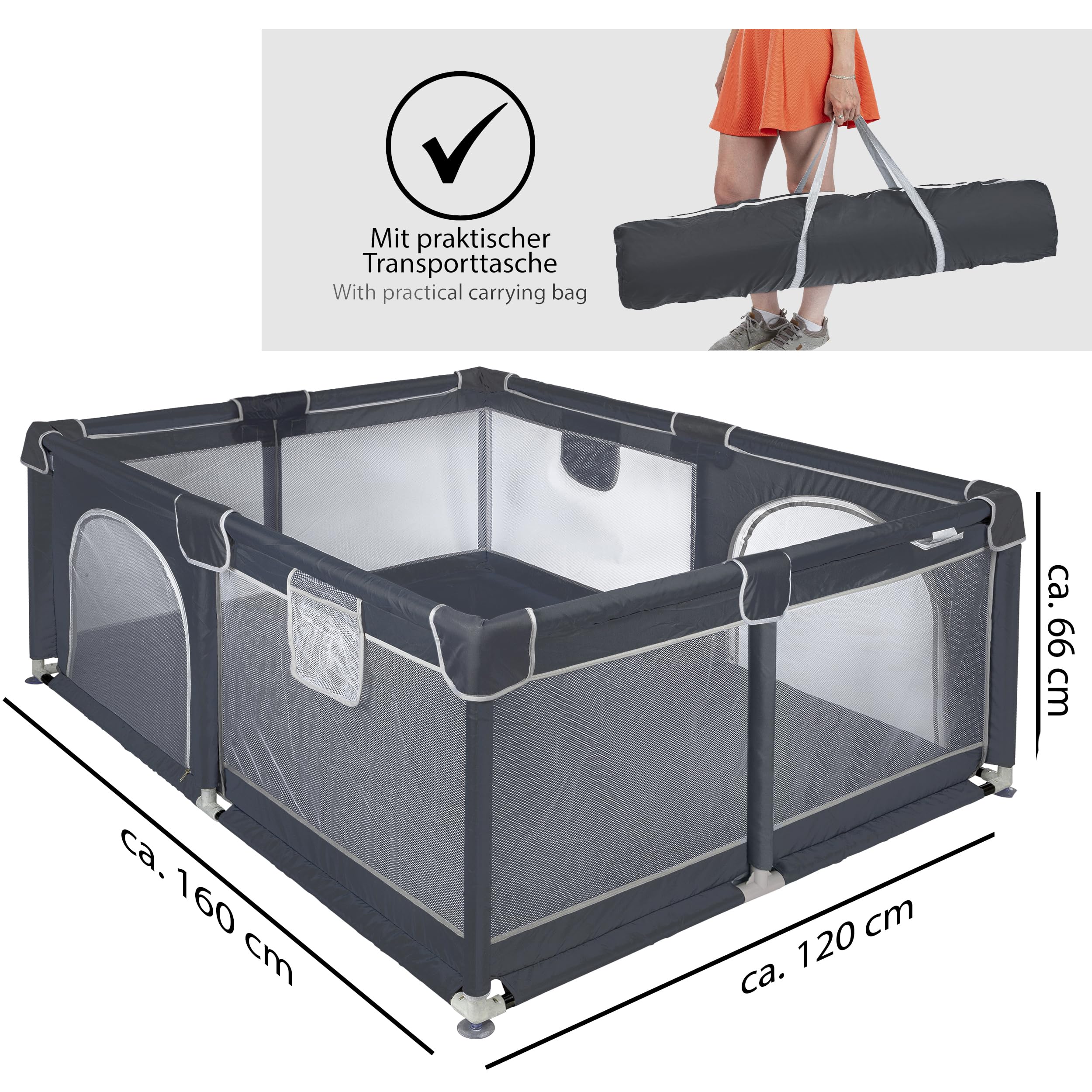 ONVAYA® Laufgitter mit Faltbarer Spielmatte und Insektenschutznetz | Laufstall für Babys 120 x 160 cm | Schutzgitter für Kinder | Rechteckiges Krabbelgitter | Absperrgitter | Babyzaun