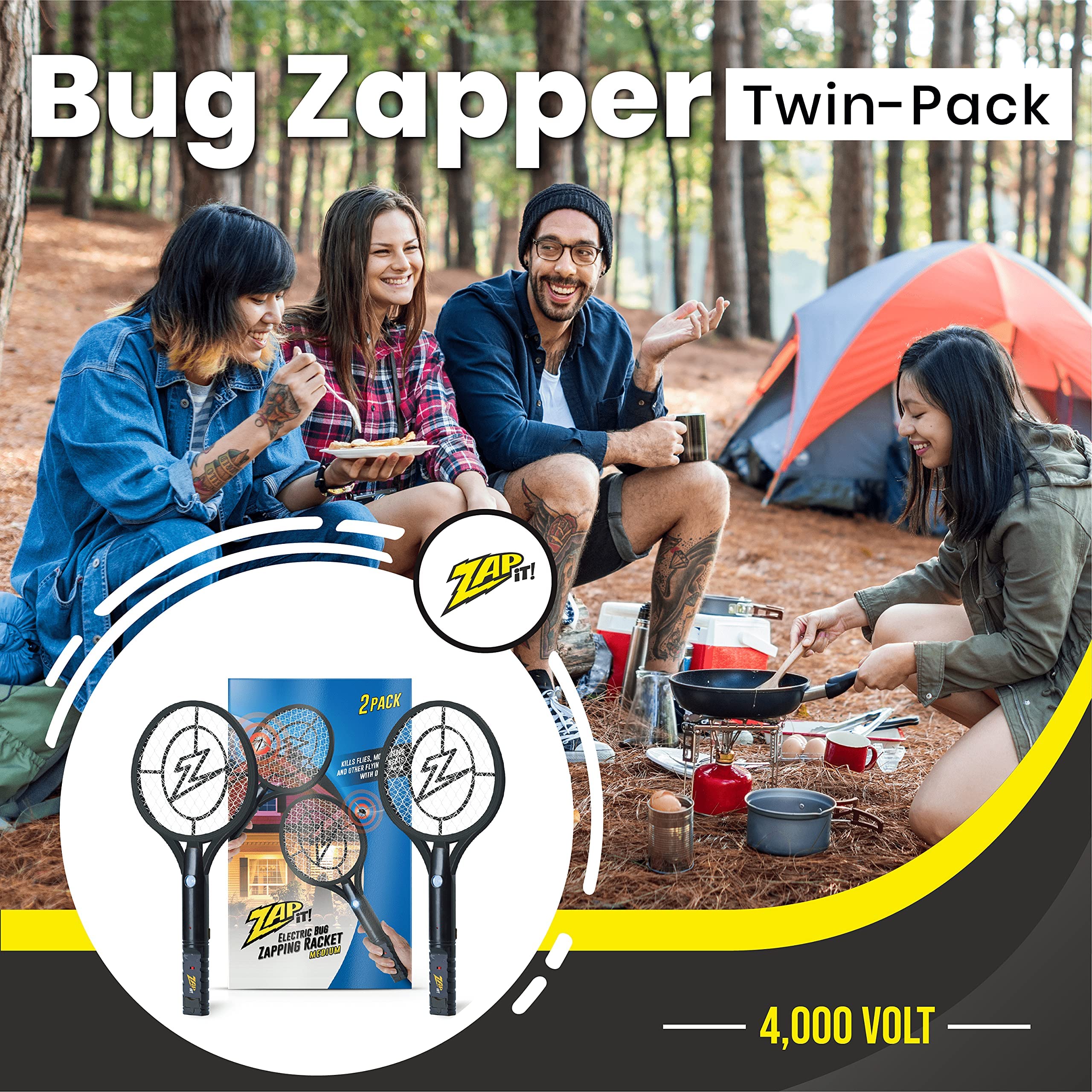 ZAP IT! Bug Zapper - Racchetta per insetti ricaricabile, 4.000 Volt, cavo di ricarica USB, confezione da 2