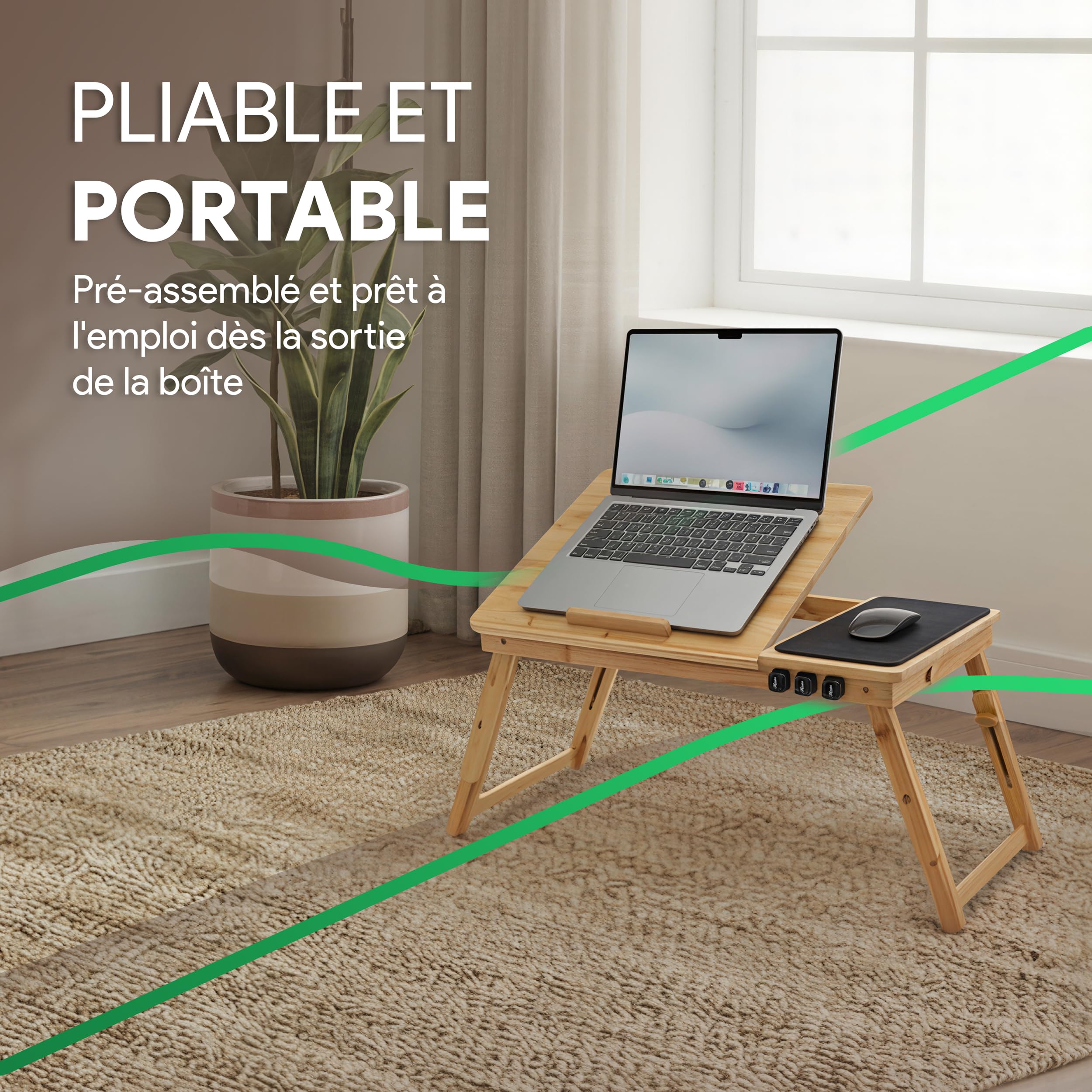 Table de Lit pour Ordinateur Portable – Bureau de Lit Réglable en Bambou avec Tiroir, Tapis de Souris et Organisateur de Câbles – Table PC Portable Pliable pour Lit et Canapé