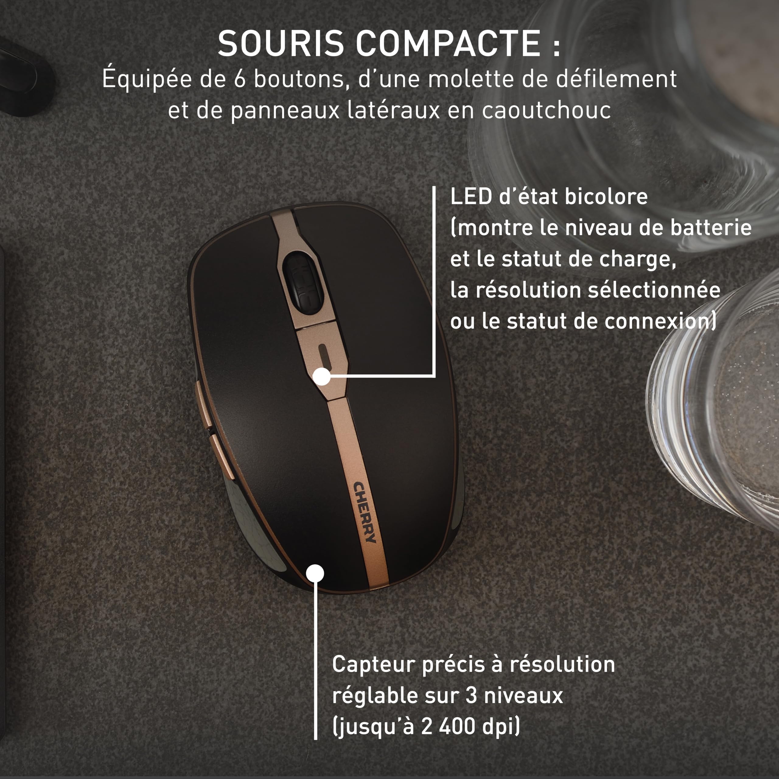 CHERRY DW 9100 Slim, Ensemble Clavier et Souris sans Fil, Disposition française (AZERTY), Bluetooth et Radio 2,4 GHz, Touches silencieuses, Rechargeable, Noir Bronze