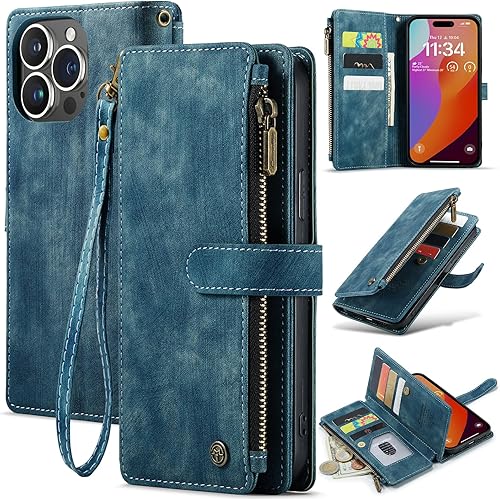 CaseMe - Funda tipo cartera para iPhone 15 Pro Max, multifunción, hecha a mano, de piel sintética de alta calidad, con cremallera, a prueba de