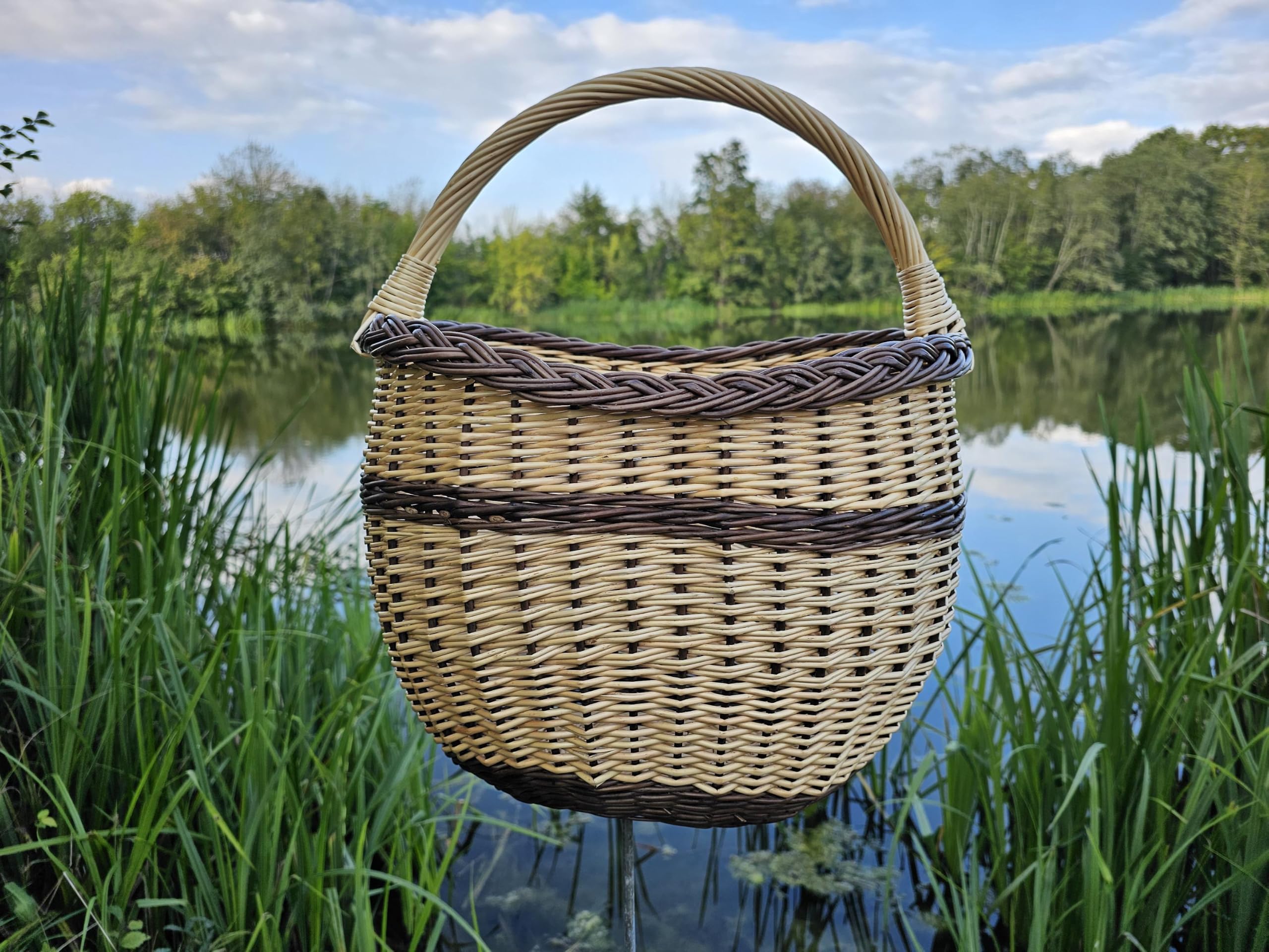 Cesta honda de mimbre con asa para recolectar setas, 30 cm, dorada y marrón