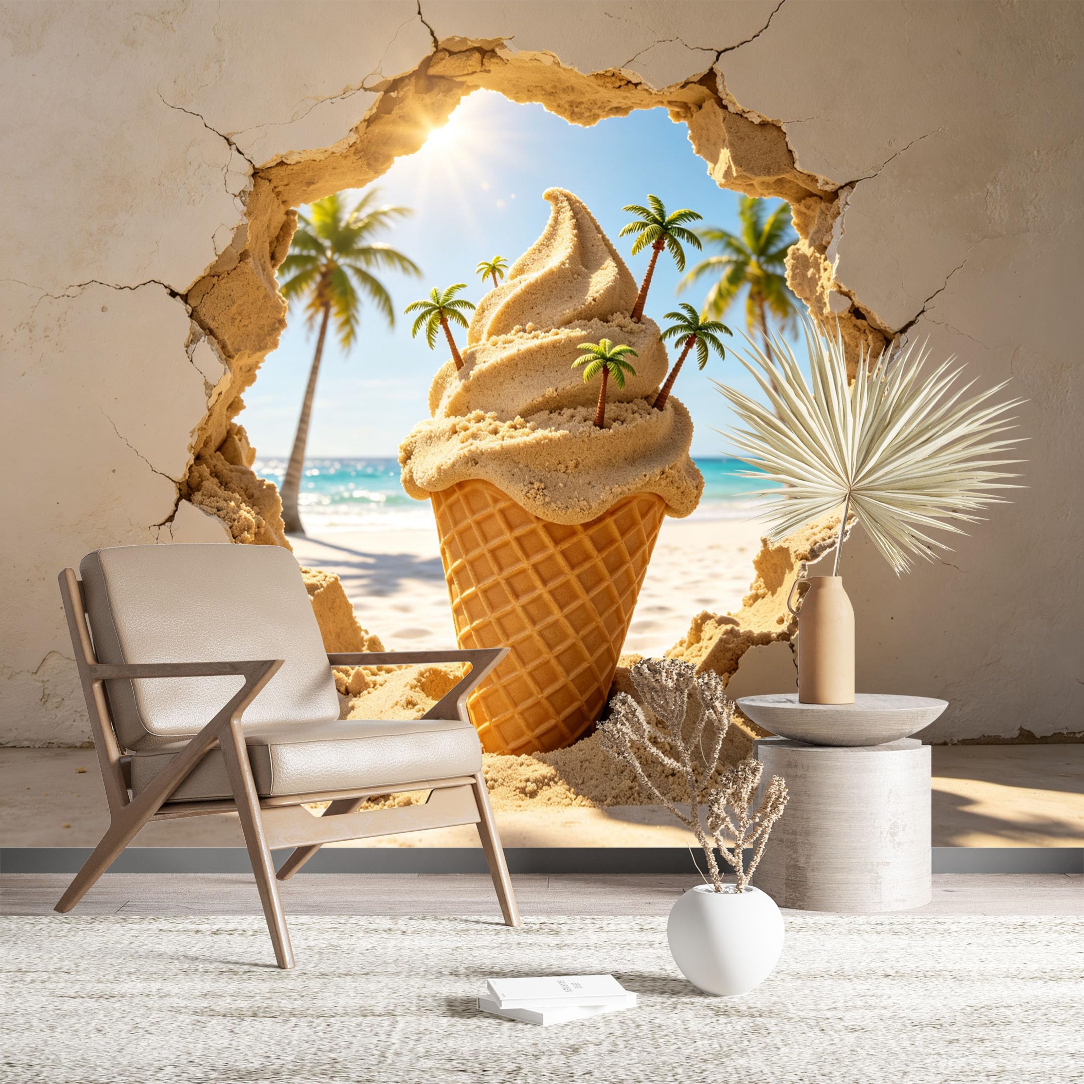 Custom Size Wall Murals Beach Ice Cream Cone Illusion Through Cracked Wall Vivid Self-Adhesive Wall Fabric (NO PVC) Removable Wallpaper for Kids Room Bedroom