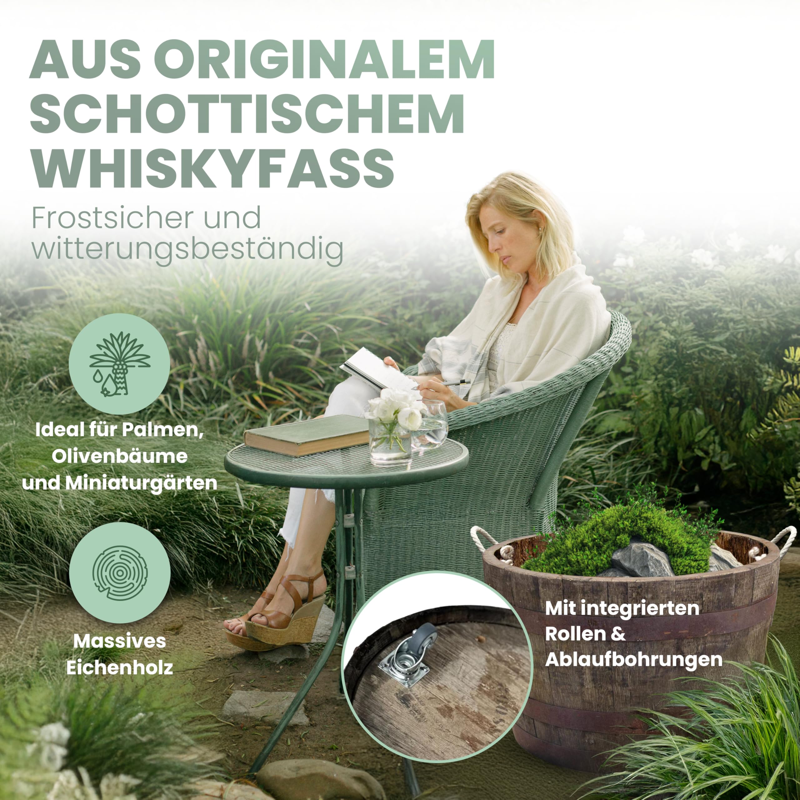 Temesso Halbes Fass aus einem originalen schottischen Whiskyfass (Natur - mit Schlaufen + Rollen + Ablaufbohrungen)