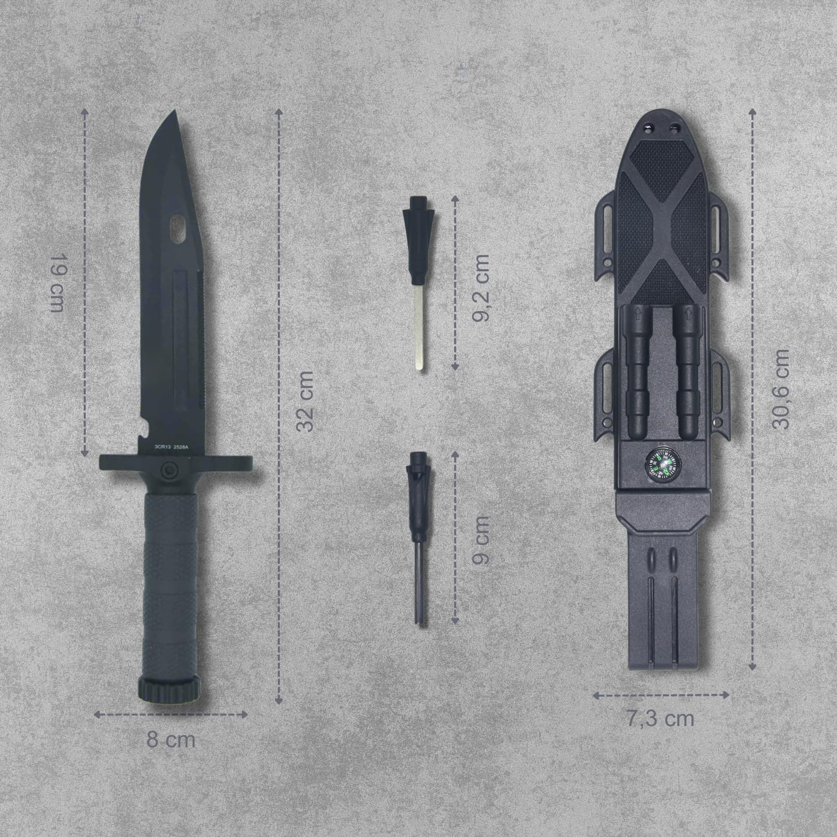 Generico Coltello Sopravvivenza con Lama da 19 cm in Acciaio Inossidabile, Manico Grigio e Fodero in ABS, Accendifuoco, Fischietto e Pietra per Affilare – Ideale per Campeggio, Caccia e Bushcraft